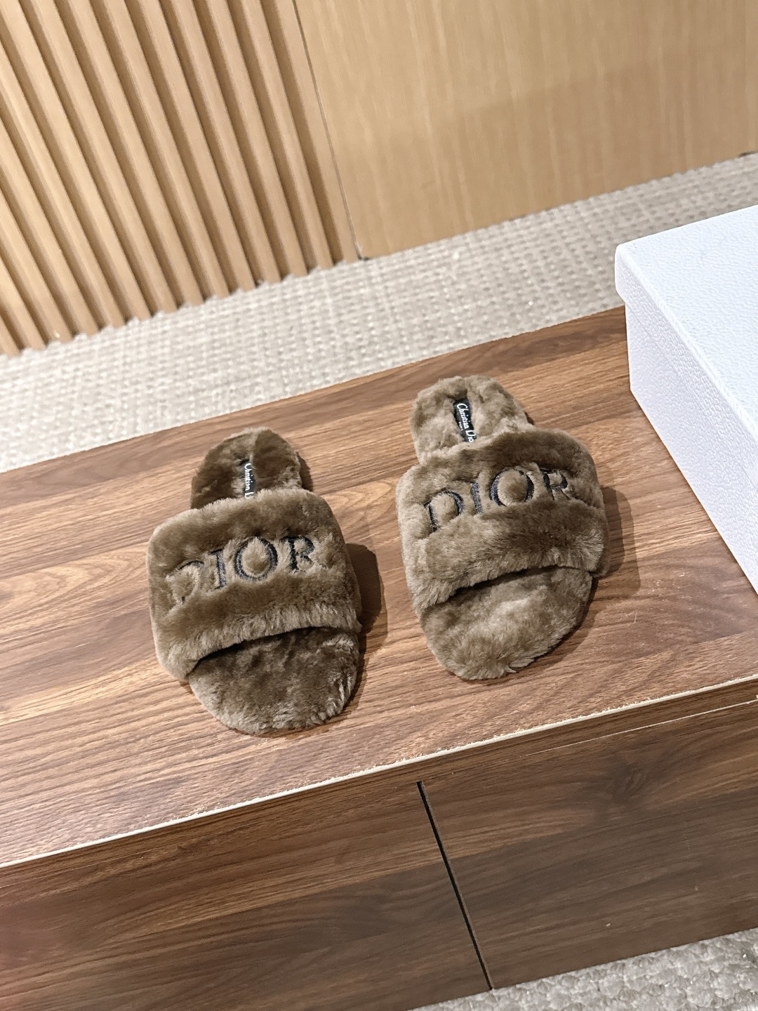 Dior Brown Fuzzy Logo Slides