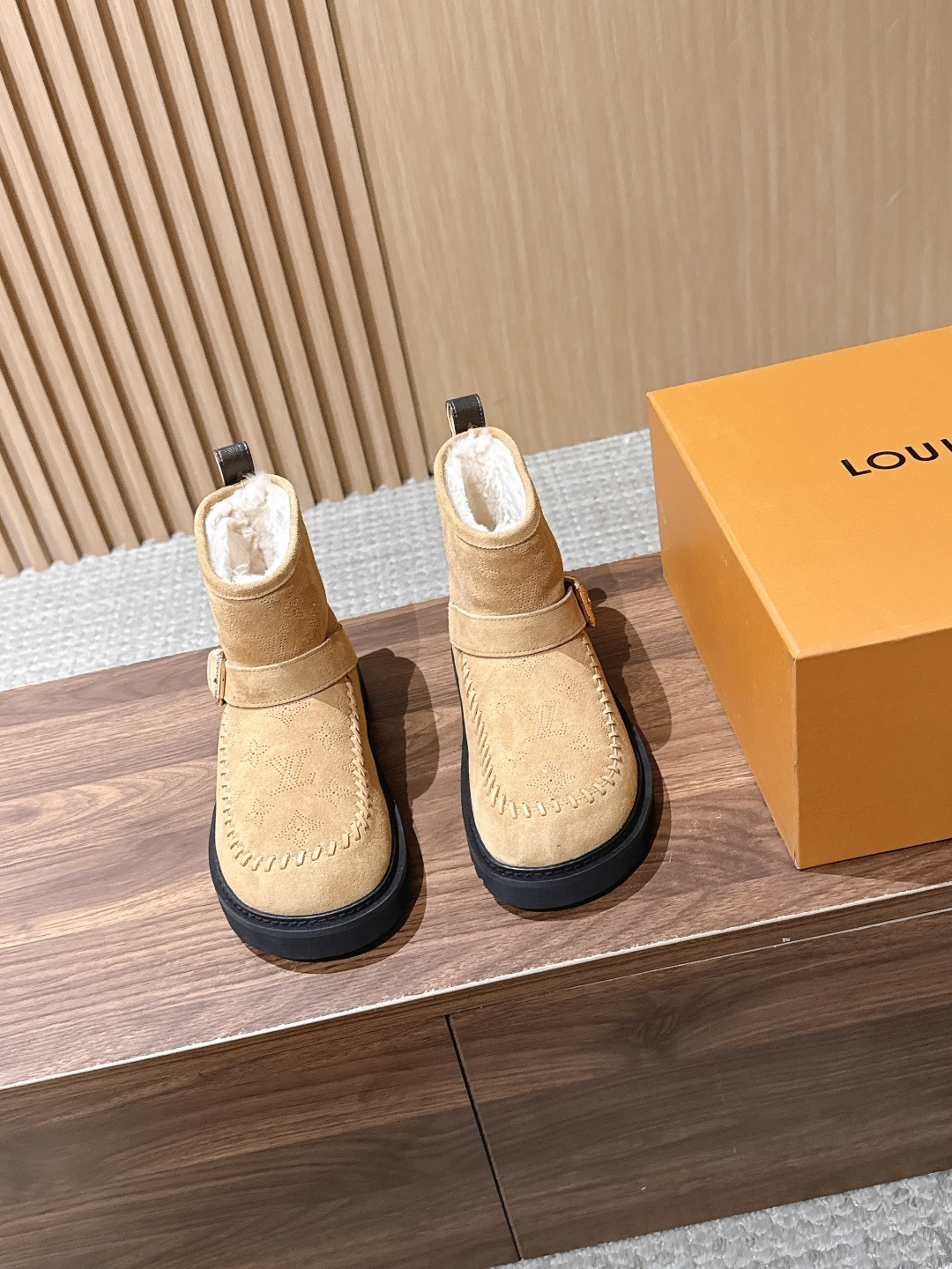 Louis Vuitton Tan Fuzzy Trim Ankle Boots