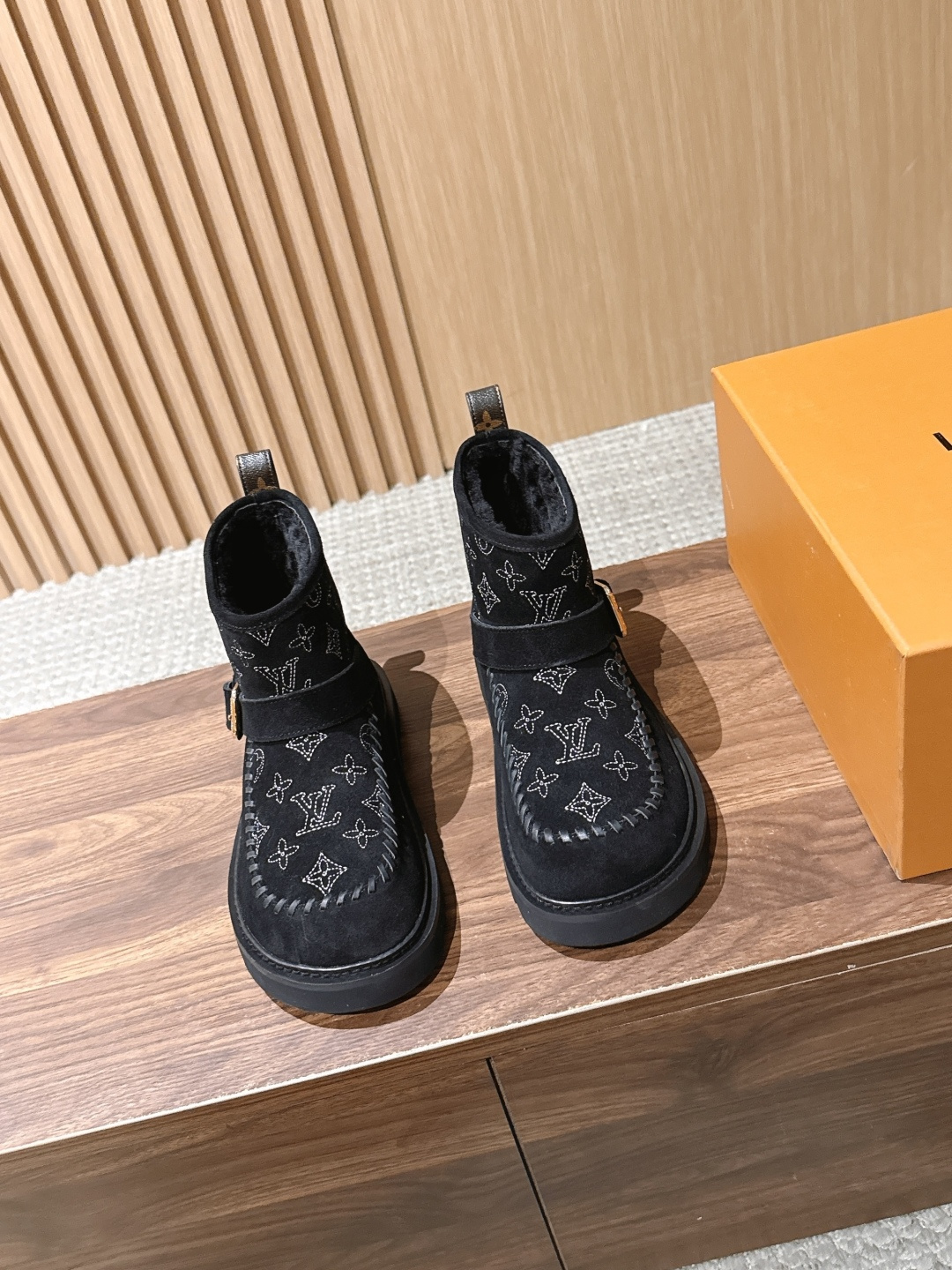 Louis Vuitton Black Monogram Buckle Ankle Boots