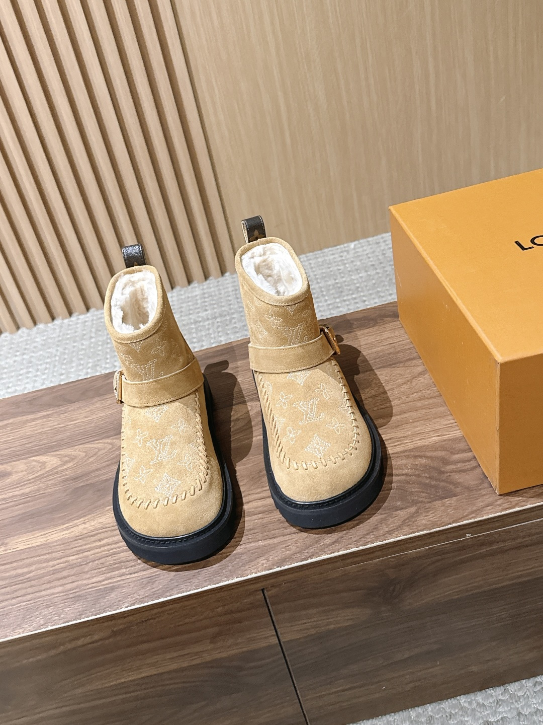 Louis Vuitton Tan Monogram Buckle Ankle Boots