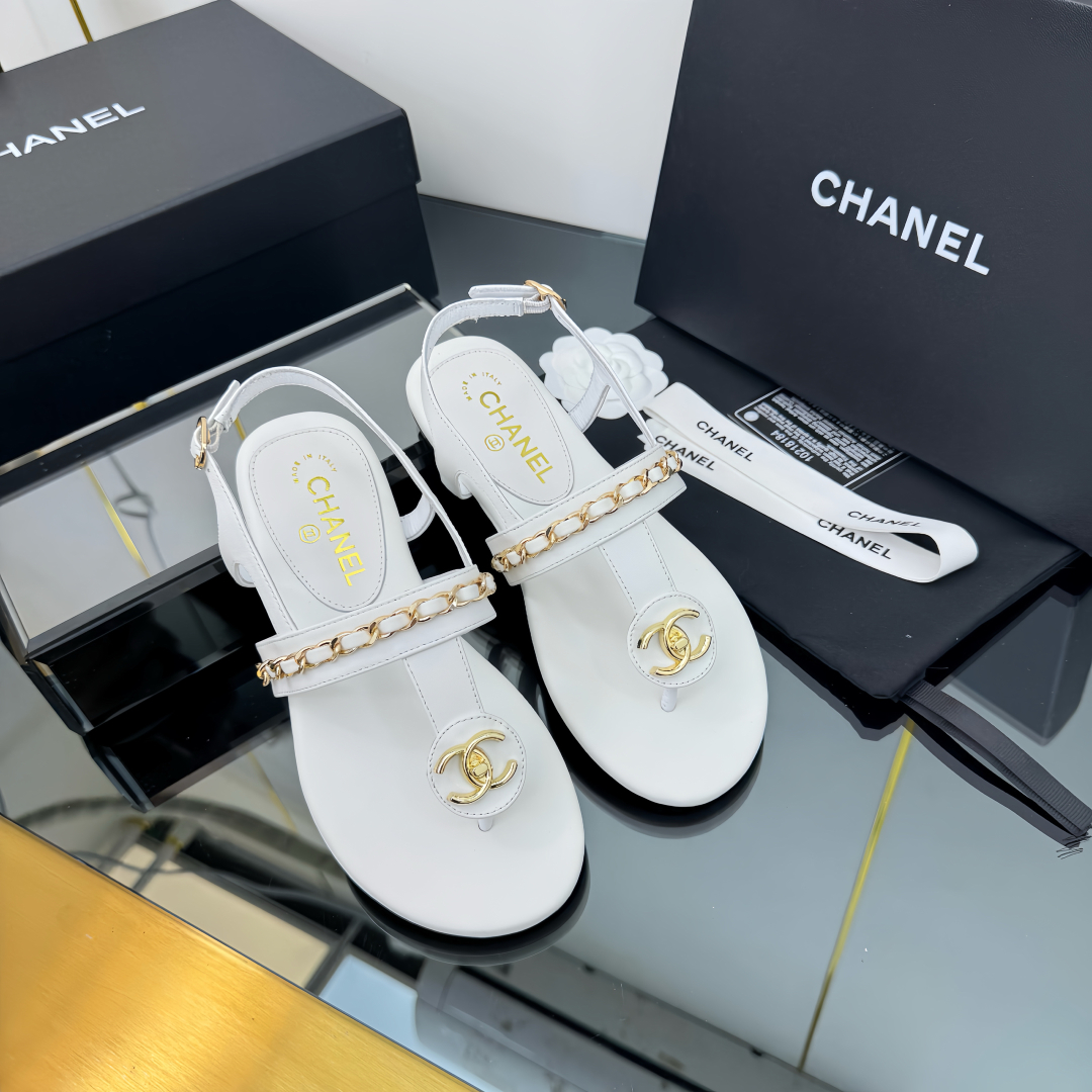 Elegant CC Chain White Leather Sandals for Women - Designer Inspired 4 cmp i1743030379557 718 0 2