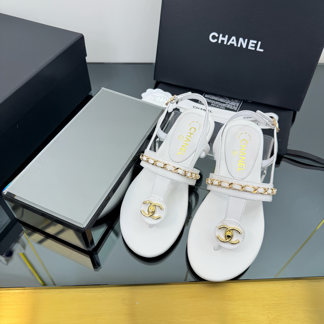 Elegant CC Chain White Leather Sandals for Women - Designer Inspired 8 cmp i1743030379600 6850 0 6