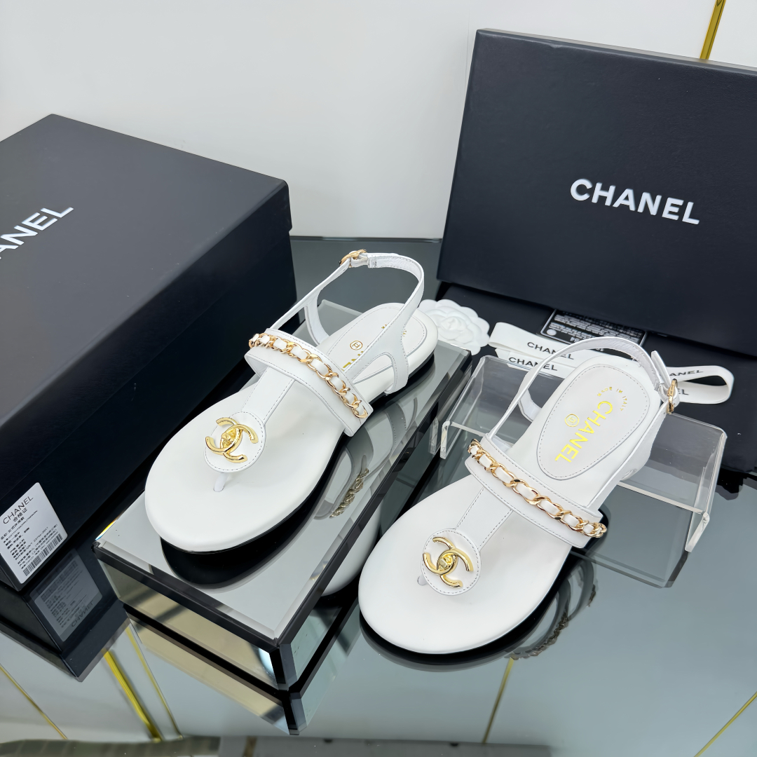 Elegant CC Chain White Leather Sandals for Women - Designer Inspired 9 cmp i1743030382661 9127 0 7