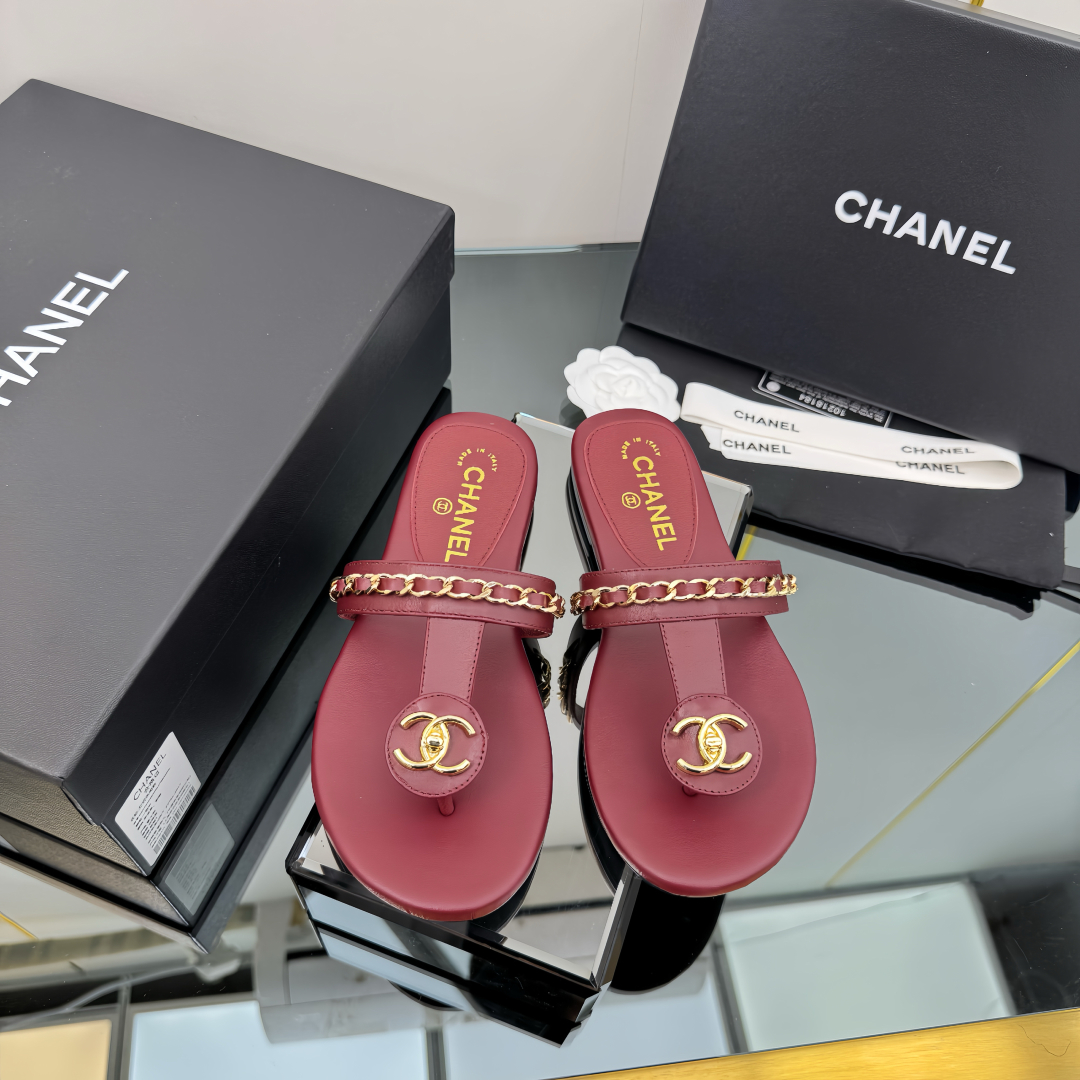 Chanel Women's Leather Thong Sandals With Chain Detail -Burgundy 8 cmp i1743030525051 3579 0 6