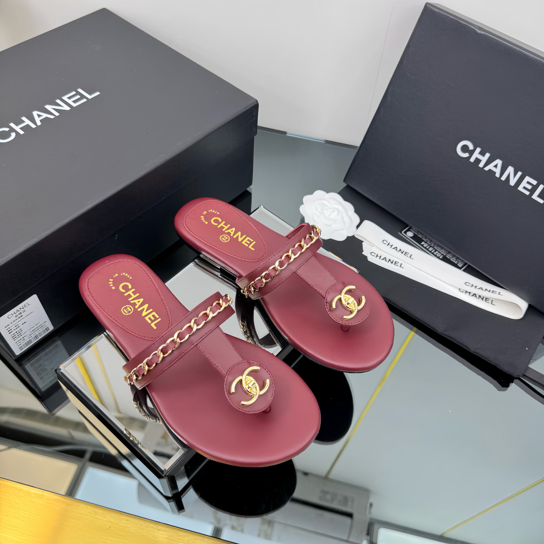 Chanel Women's Leather Thong Sandals With Chain Detail -Burgundy 1 Chanel Women's Leather Thong Sandals With Chain Detail -Burgundy