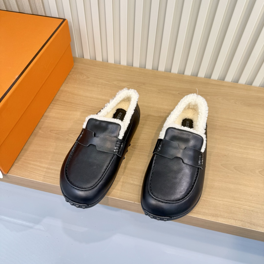 Hermes Black Fuzzy Trim Slip On Loafers