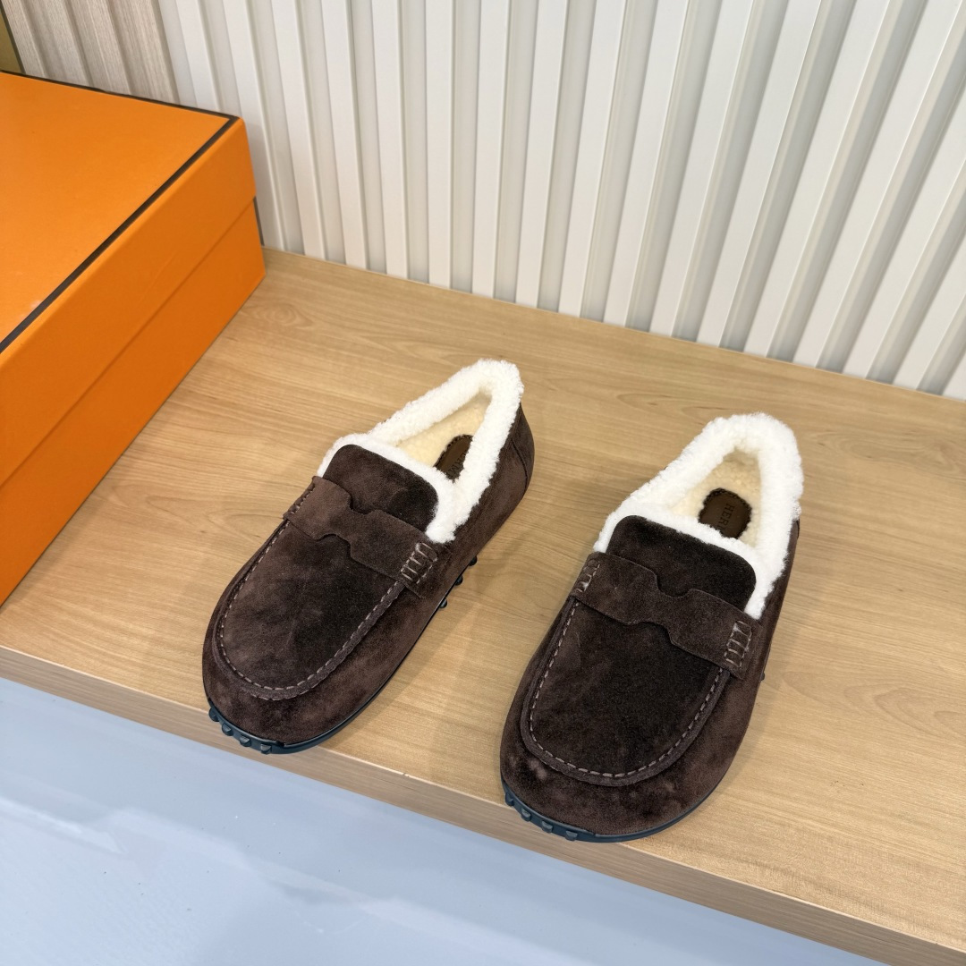 Hermes Brown Fuzzy Trim Slip On Loafers