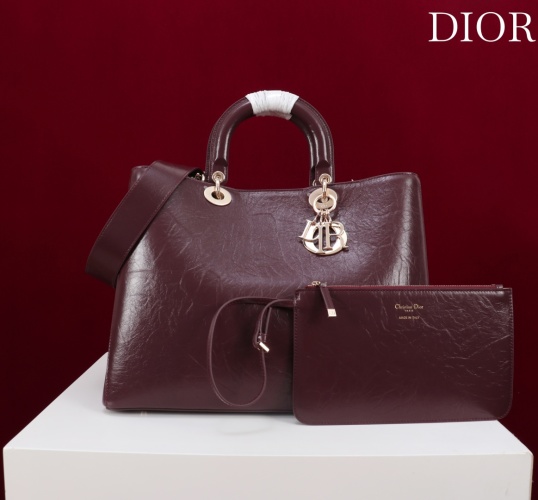 Dior Toujours Large Burgundy Leather Handbag with CD Lock and Charm