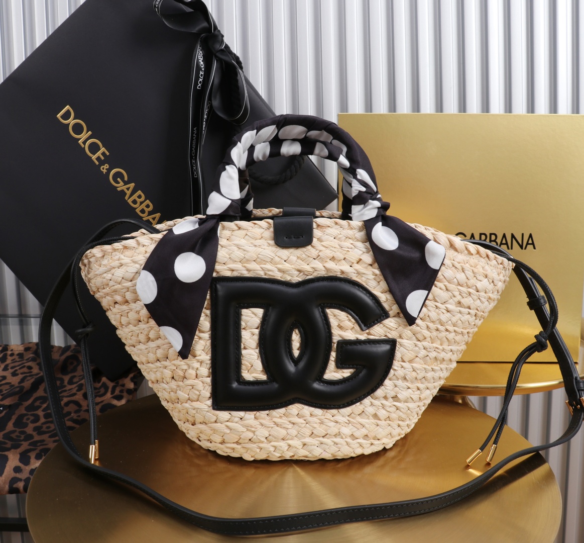 Dolce & Gabbana Raffia Woven Handbag With Leather Trim And Polka Dot Scarf 1 cmp a1755621389309 7277