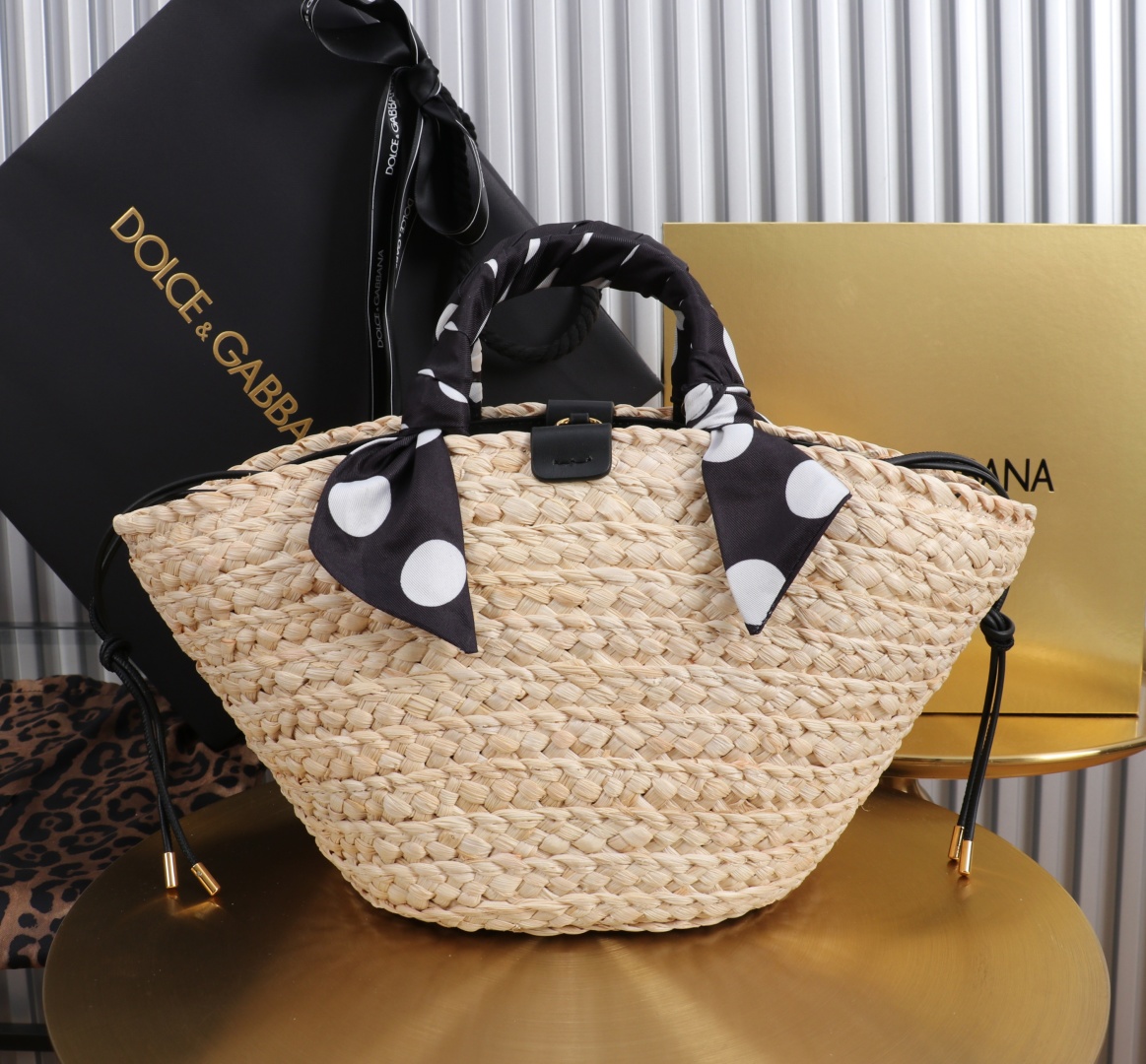 Dolce & Gabbana Raffia Woven Handbag With Leather Trim And Polka Dot Scarf 3 cmp a1755621389313 7456