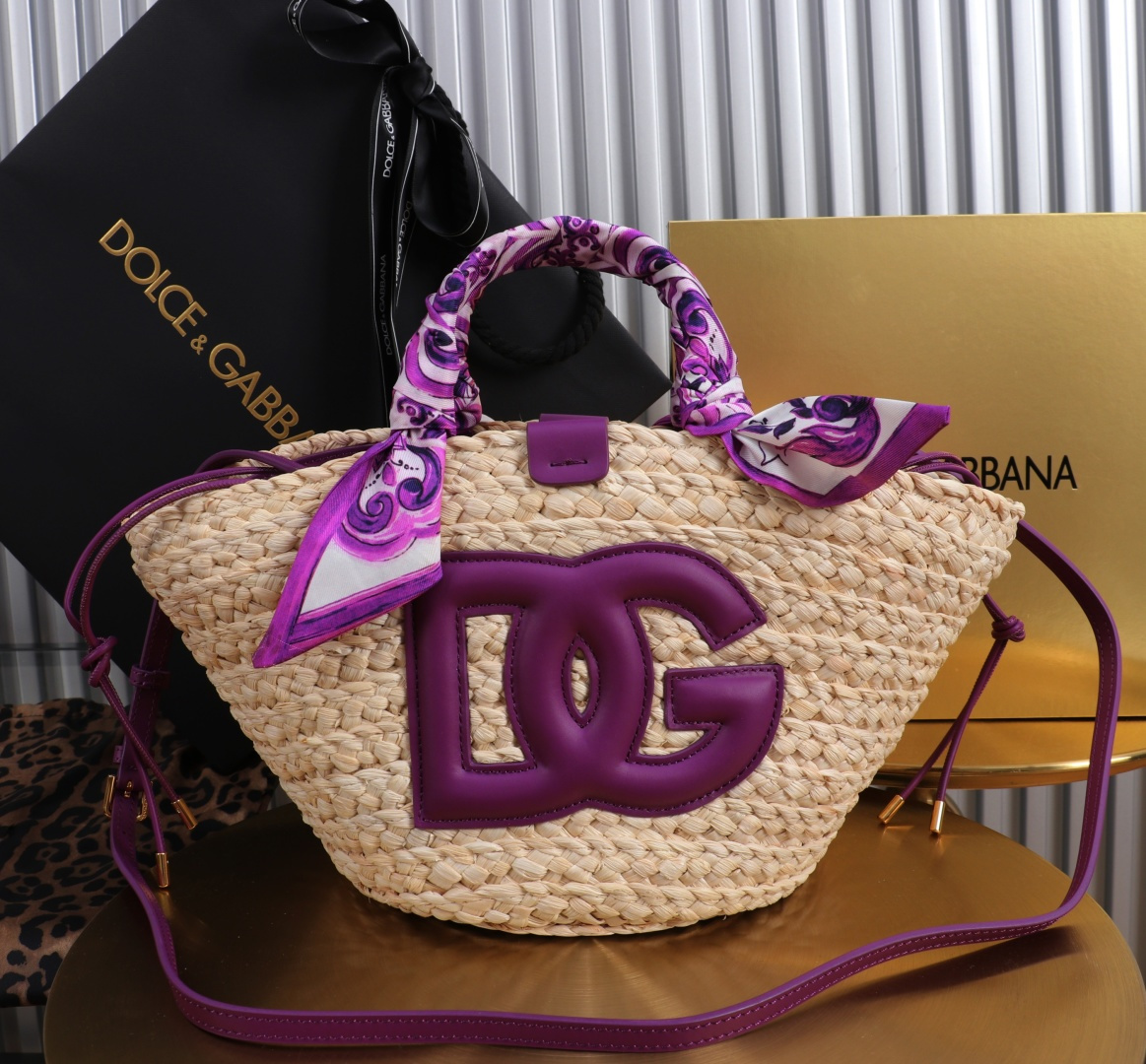 Dolce & Gabbana Raffia Woven Bag with Leather Trim and Silk Scarf Accent