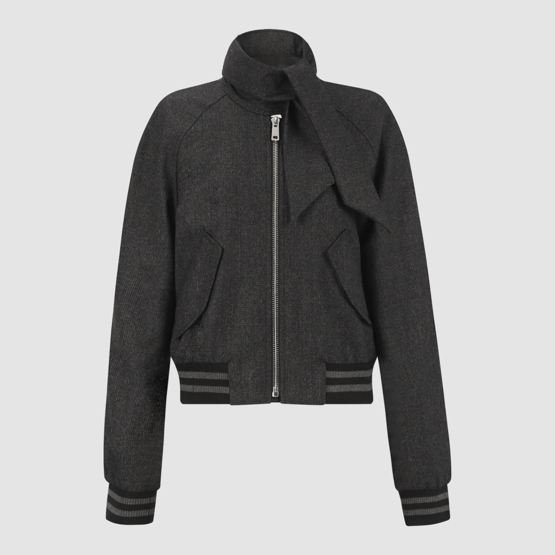 Dark Gray Draped Collar Zip Bomber Jacket