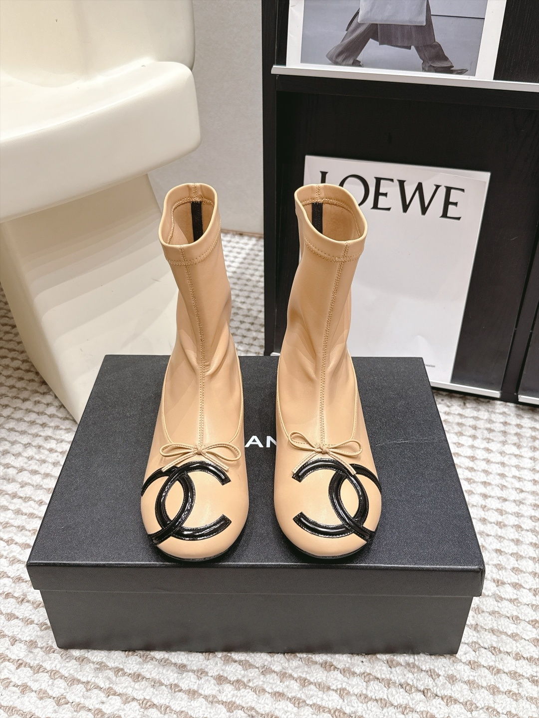 Chanel Beige Logo Ankle Boots