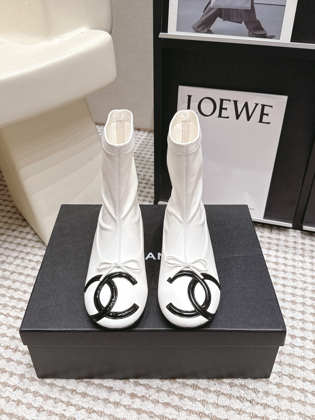 Chanel White Logo Ankle Boots