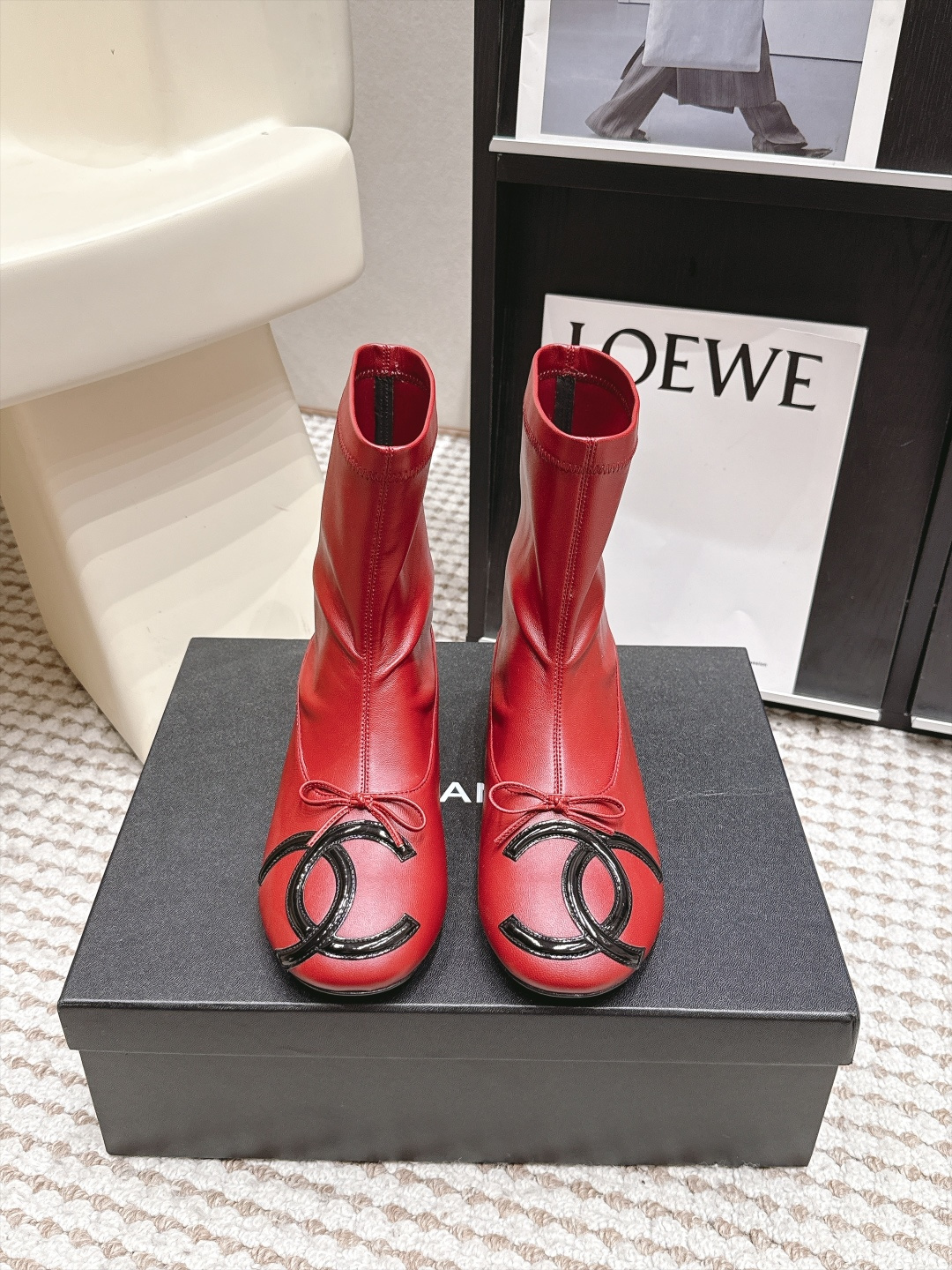 Chanel Red Logo Ankle Boots