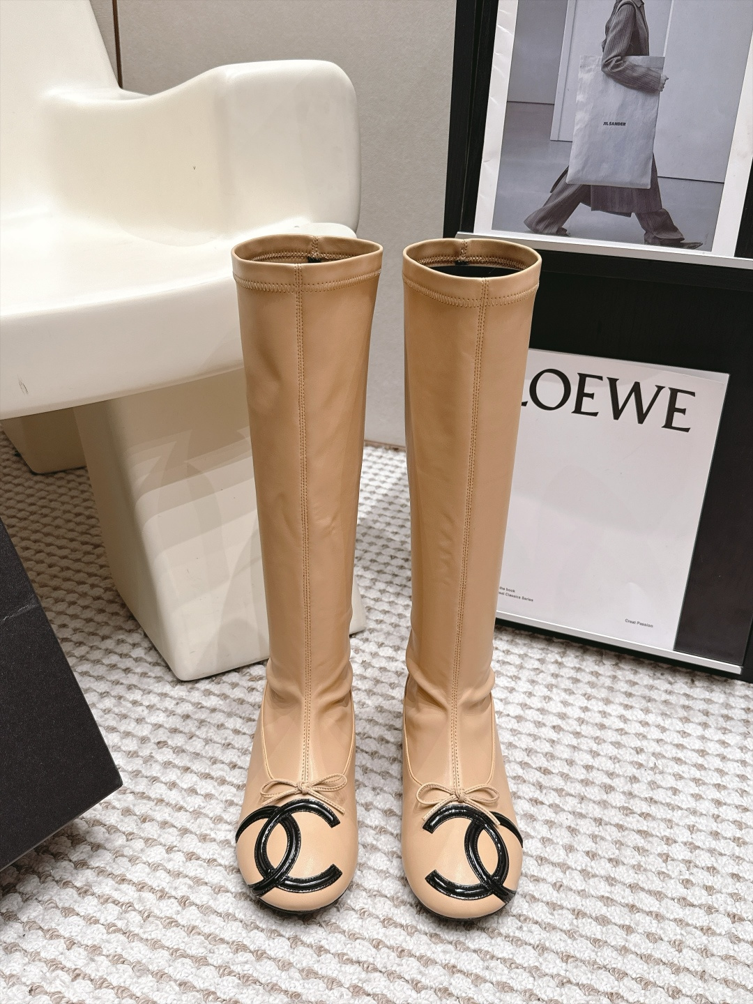 Chanel Beige Logo Knee-High Boots