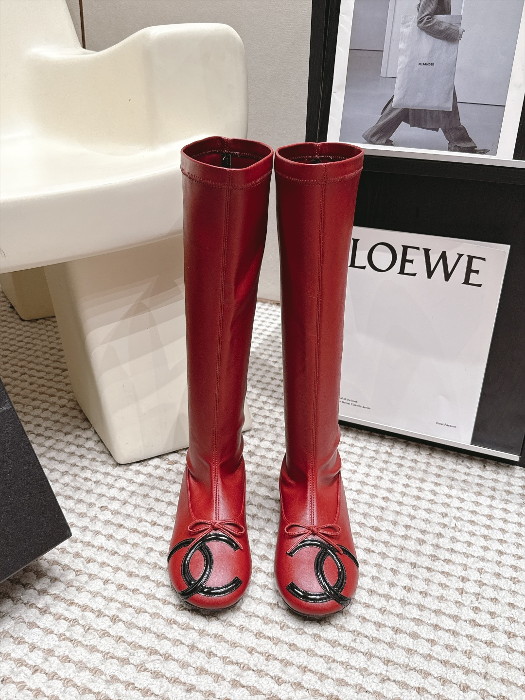 Chanel Red Logo Knee-High Boots