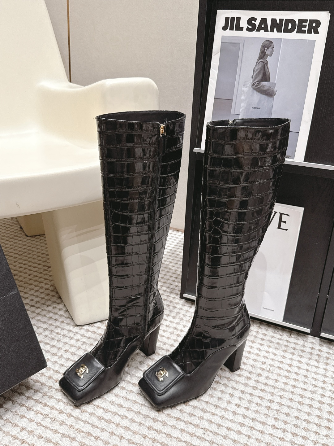 Chanel Black Croc-Effect Cap-Toe Tall Boots
