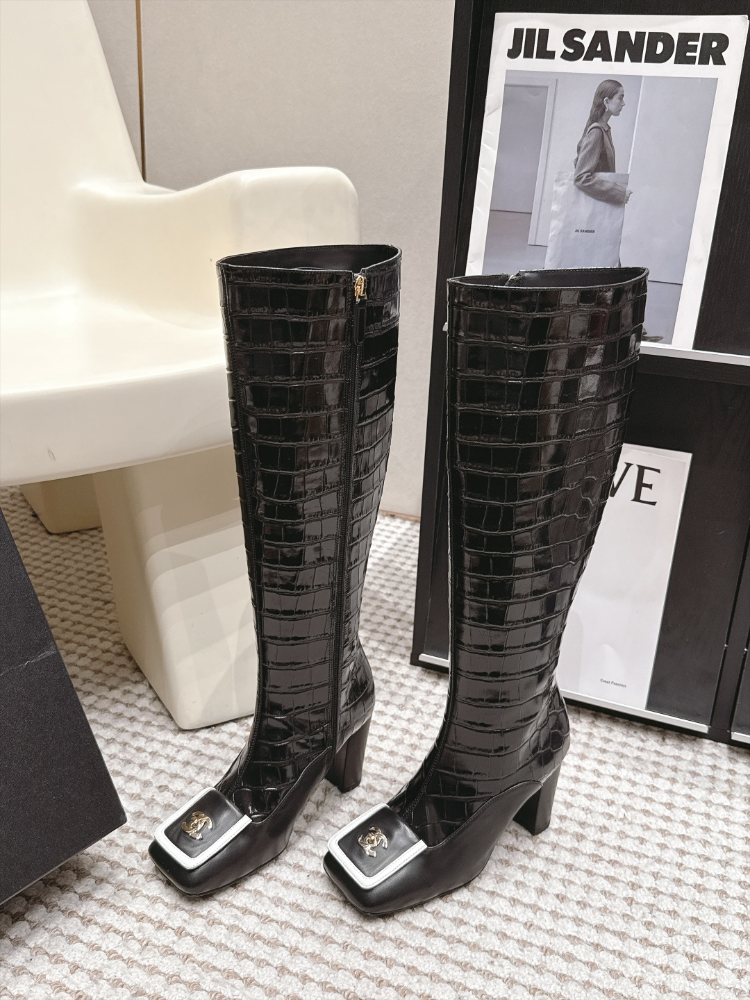 Chanel Black Croc-Effect Logo Tall Boots