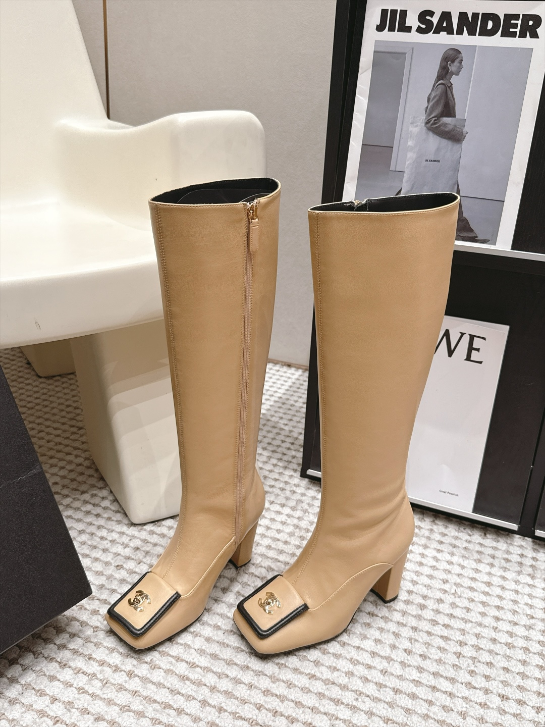 Chanel Beige Square-Toe Logo Tall Boots