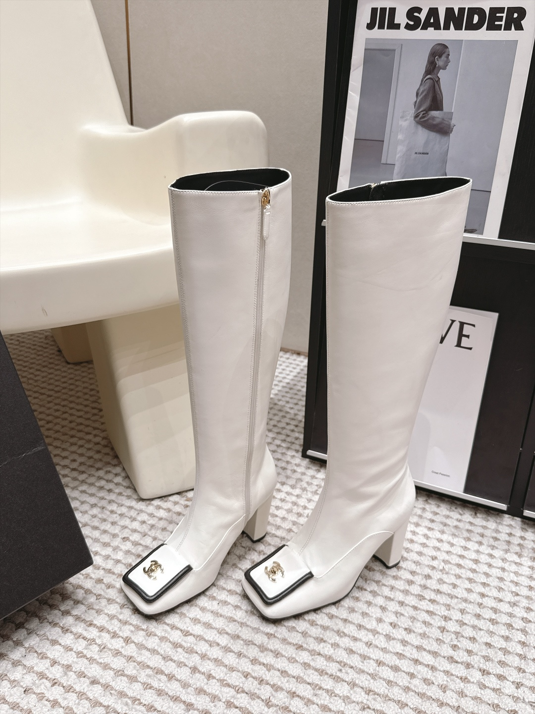 Chanel White Square-Toe Logo Tall Boots