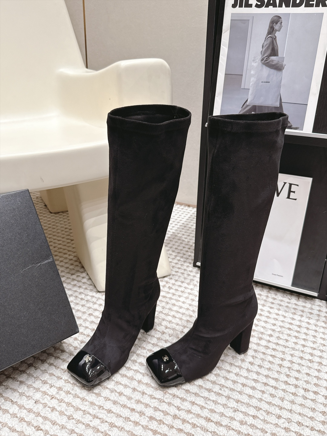 Chanel Black Cap-Toe Knee-High Boots
