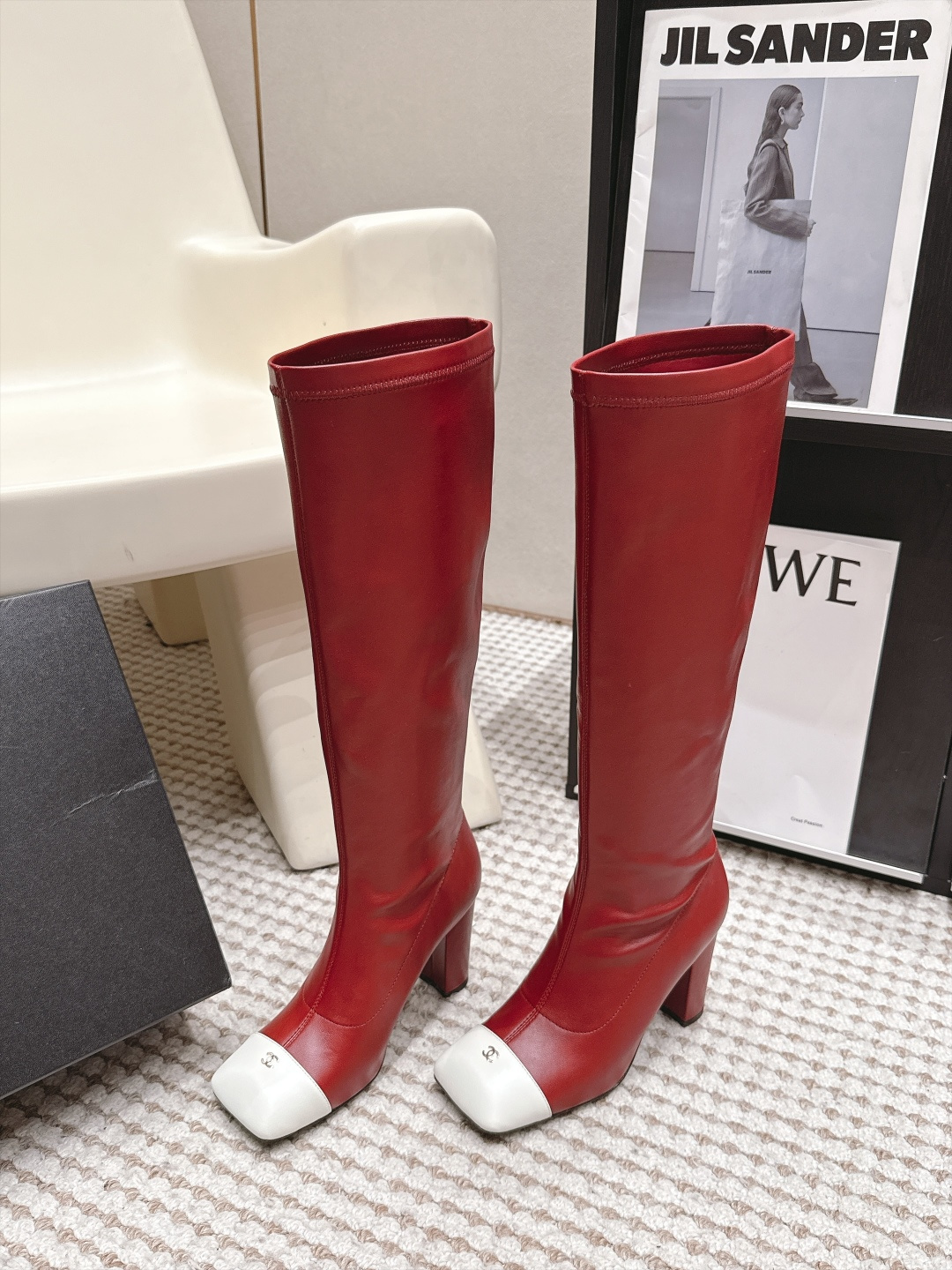 Chanel Red White Cap-Toe Knee-High Boots