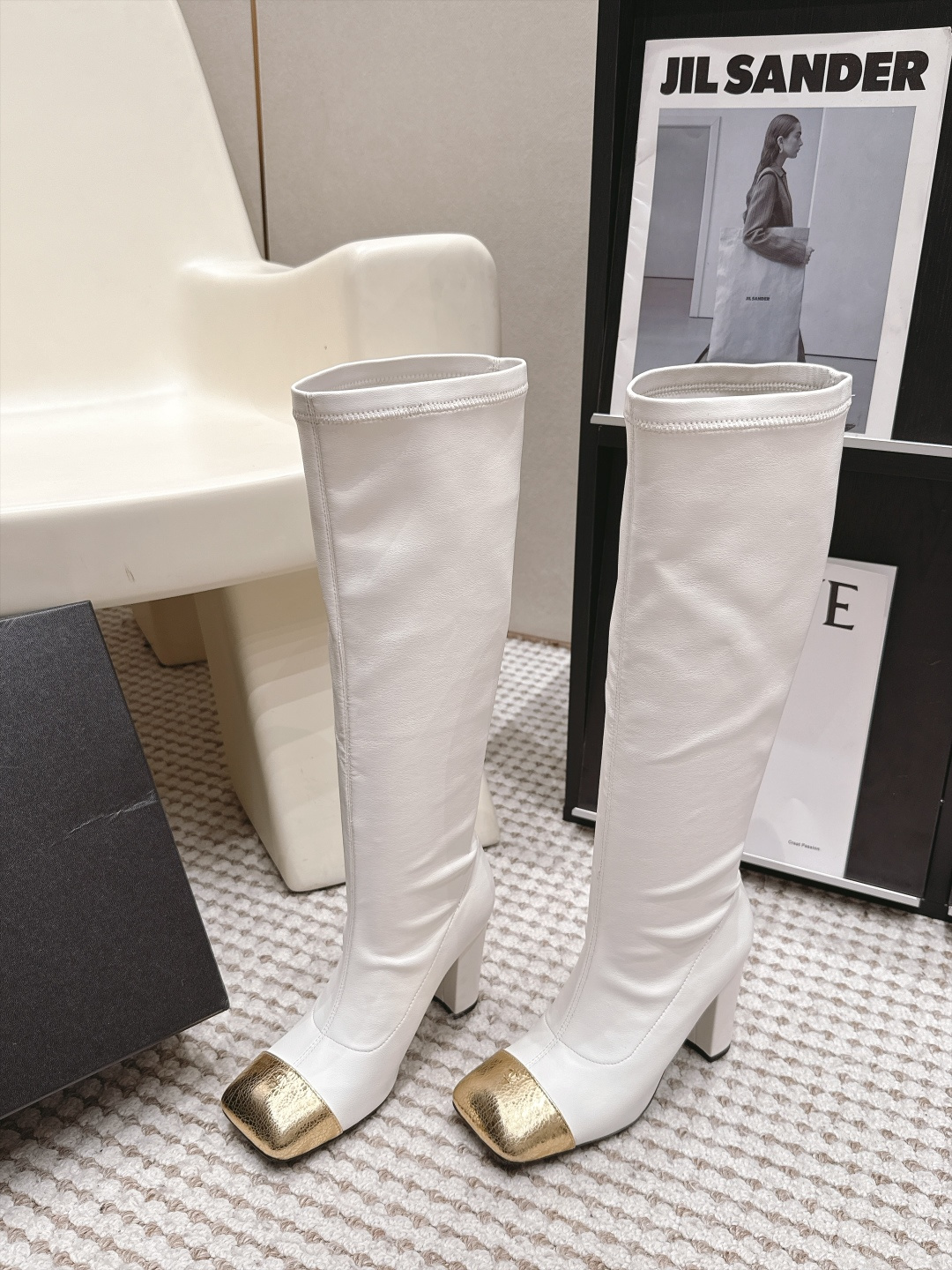 Chanel White Gold Cap-Toe Knee-High Boots