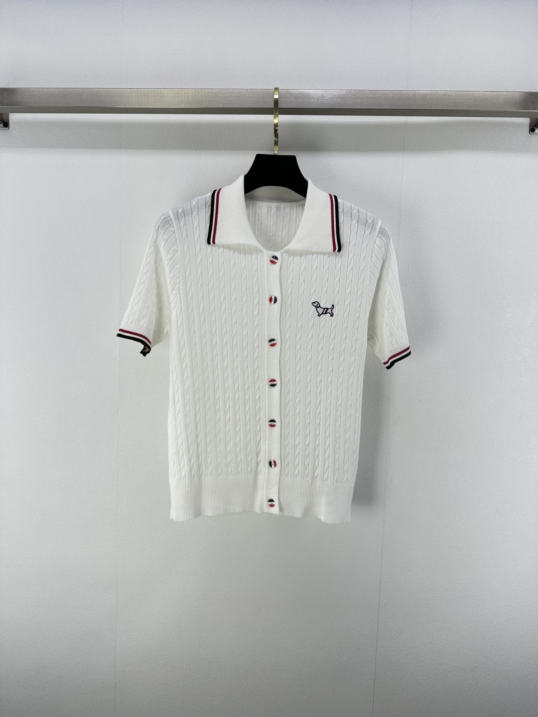 Thom Browne Women's White Knit Polo Shirt with Dog Embroidery, Short Sleeve 1 cmp i1750696558903 248 0 0
