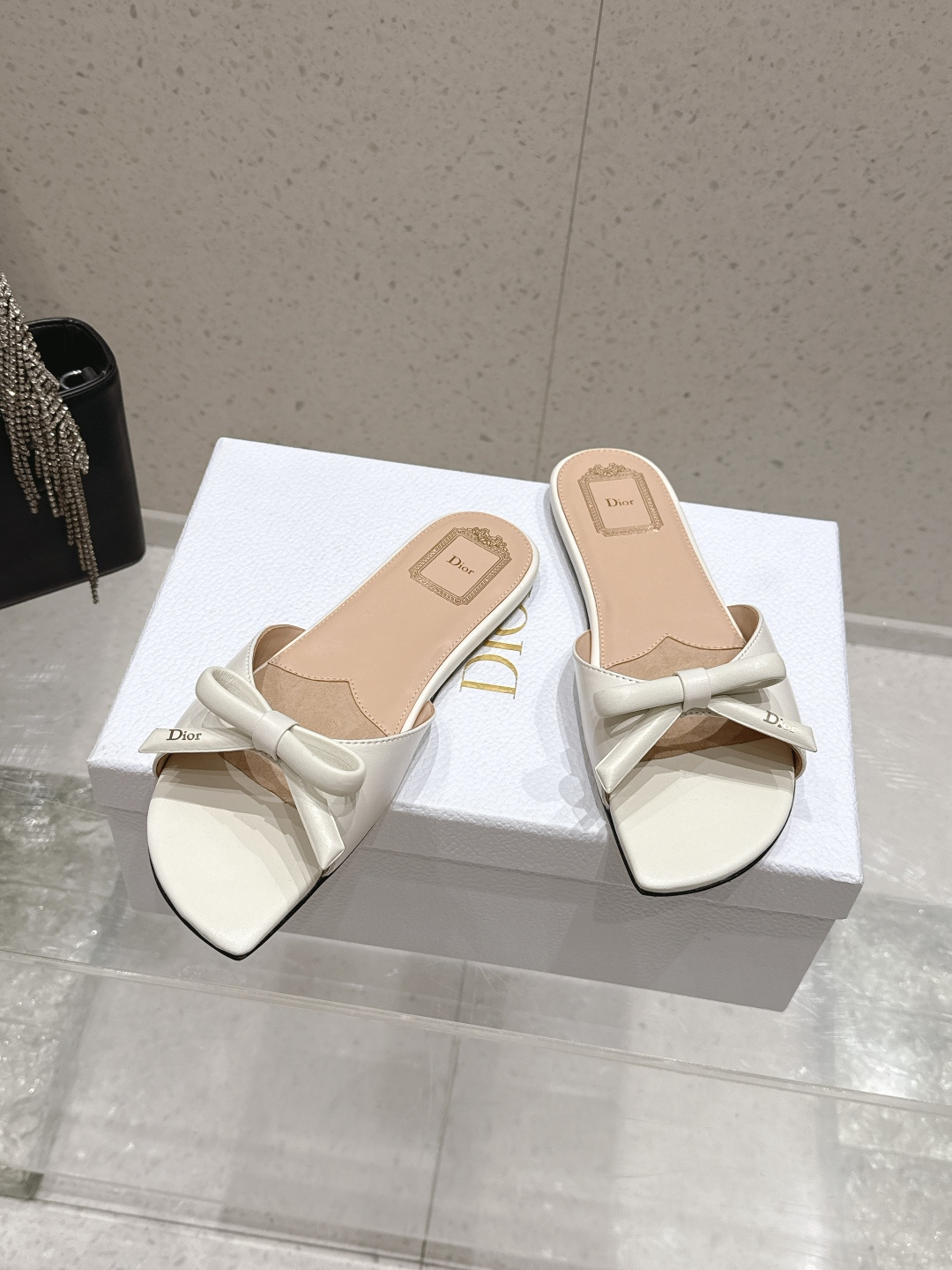 Dior Satin Bow Flat Slide Sandals