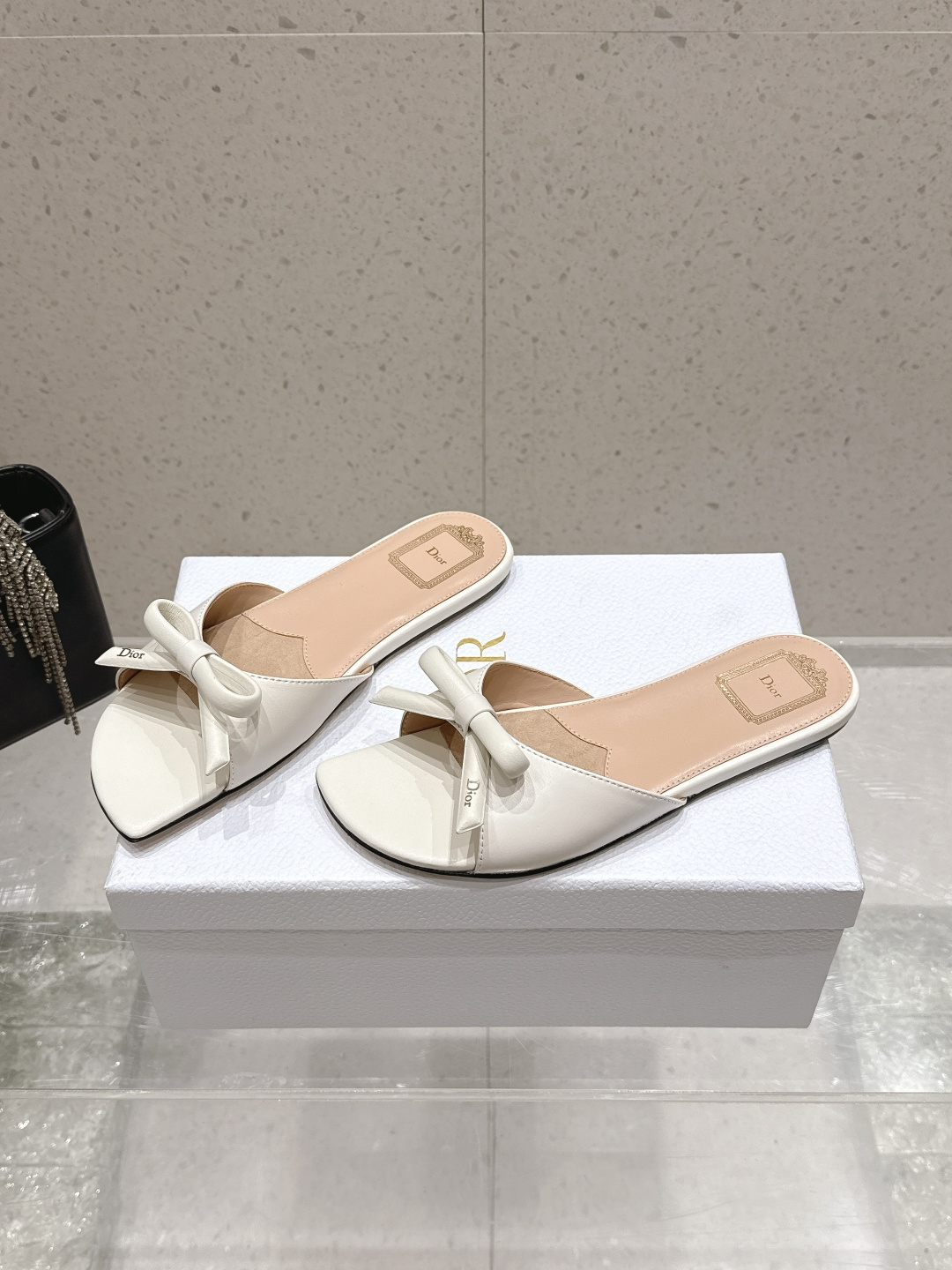 Dior Satin Bow Flat Slide Sandals