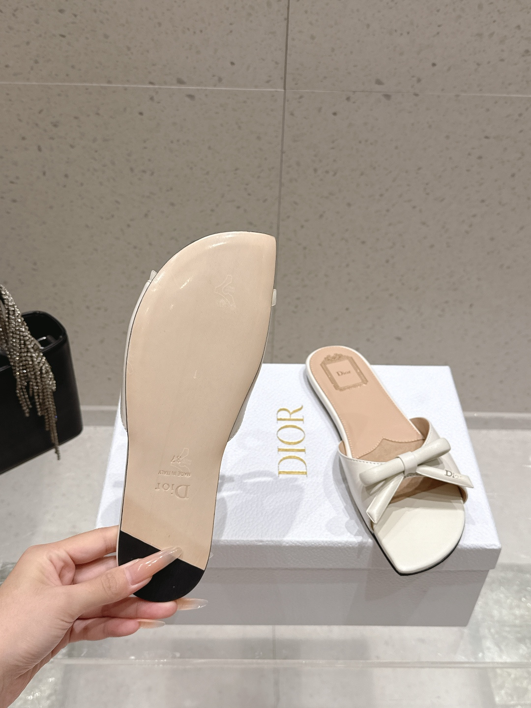 Dior Satin Bow Flat Slide Sandals