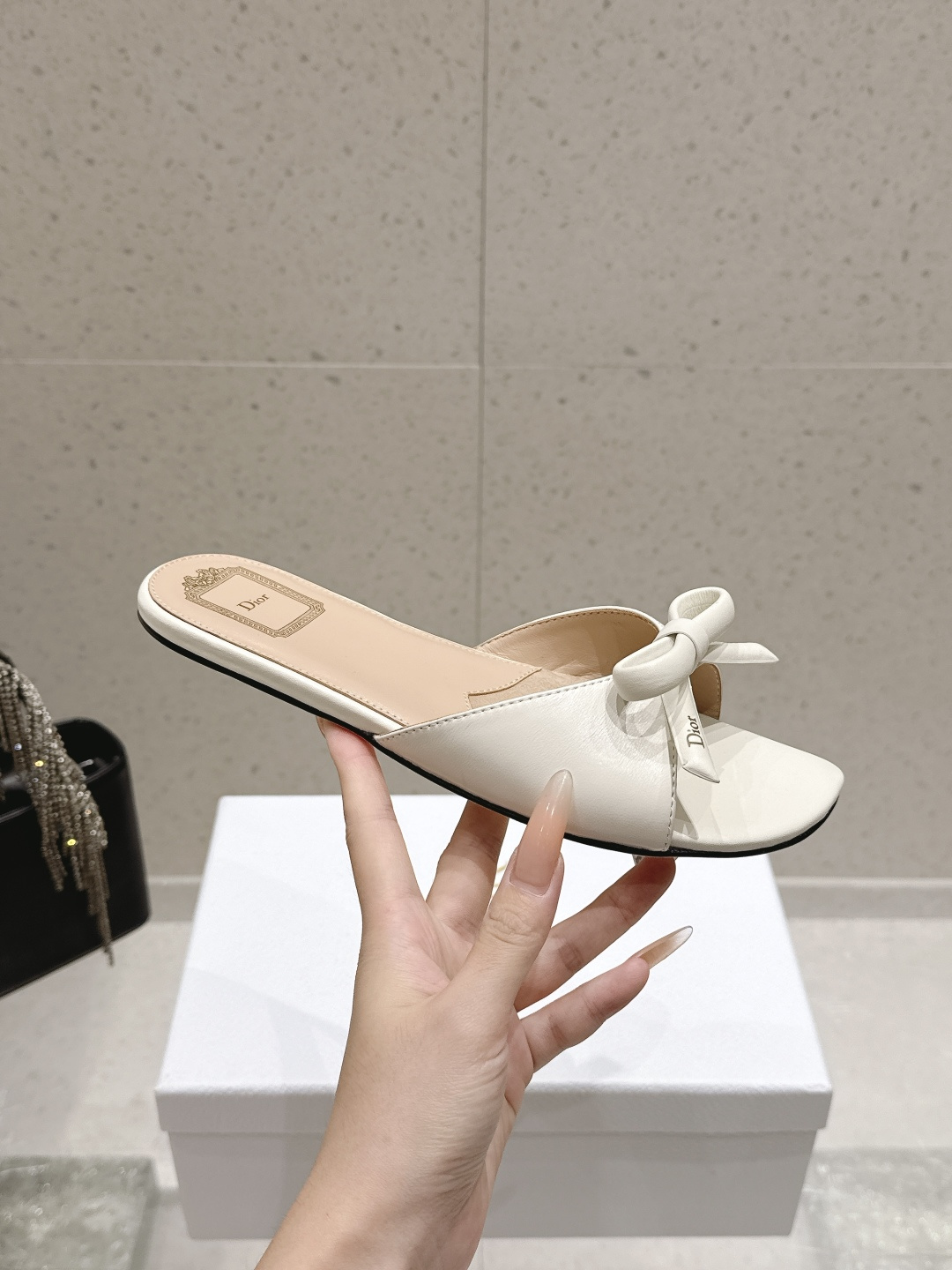 Dior Satin Bow Flat Slide Sandals