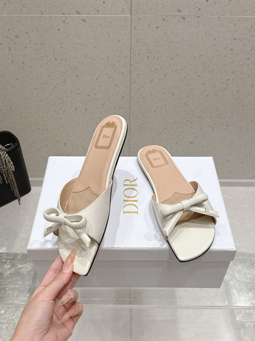 Dior Satin Bow Flat Slide Sandals