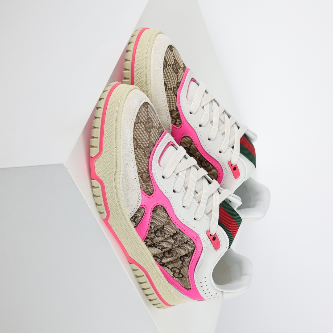 古驰Gucci Re-Web Leather Sneakers 系列低帮复古百搭训练小白板鞋皮革米白乌木色GG红绿标牌