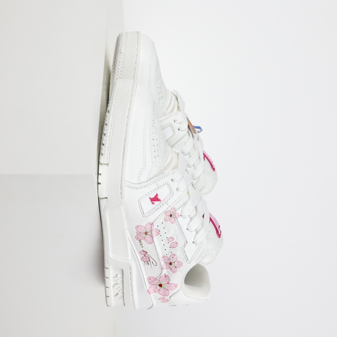 村上隆/Takashi Murakami x LOUIS VUITTON Trainer 樱花系列 牛皮革 圆头系带 低帮 板鞋 女款 白色