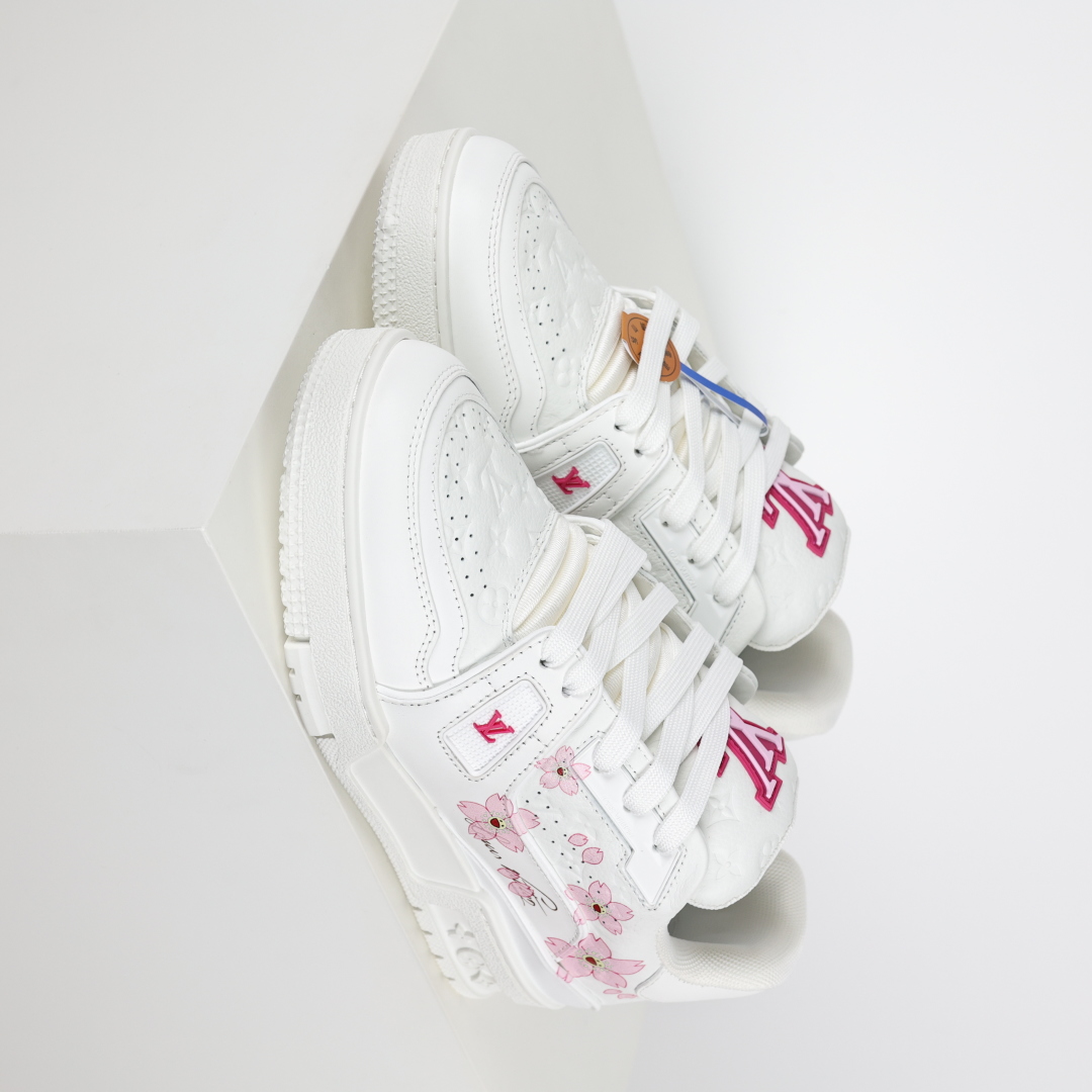 村上隆/Takashi Murakami x LOUIS VUITTON Trainer 樱花系列 牛皮革 圆头系带 低帮 板鞋 女款 白色
