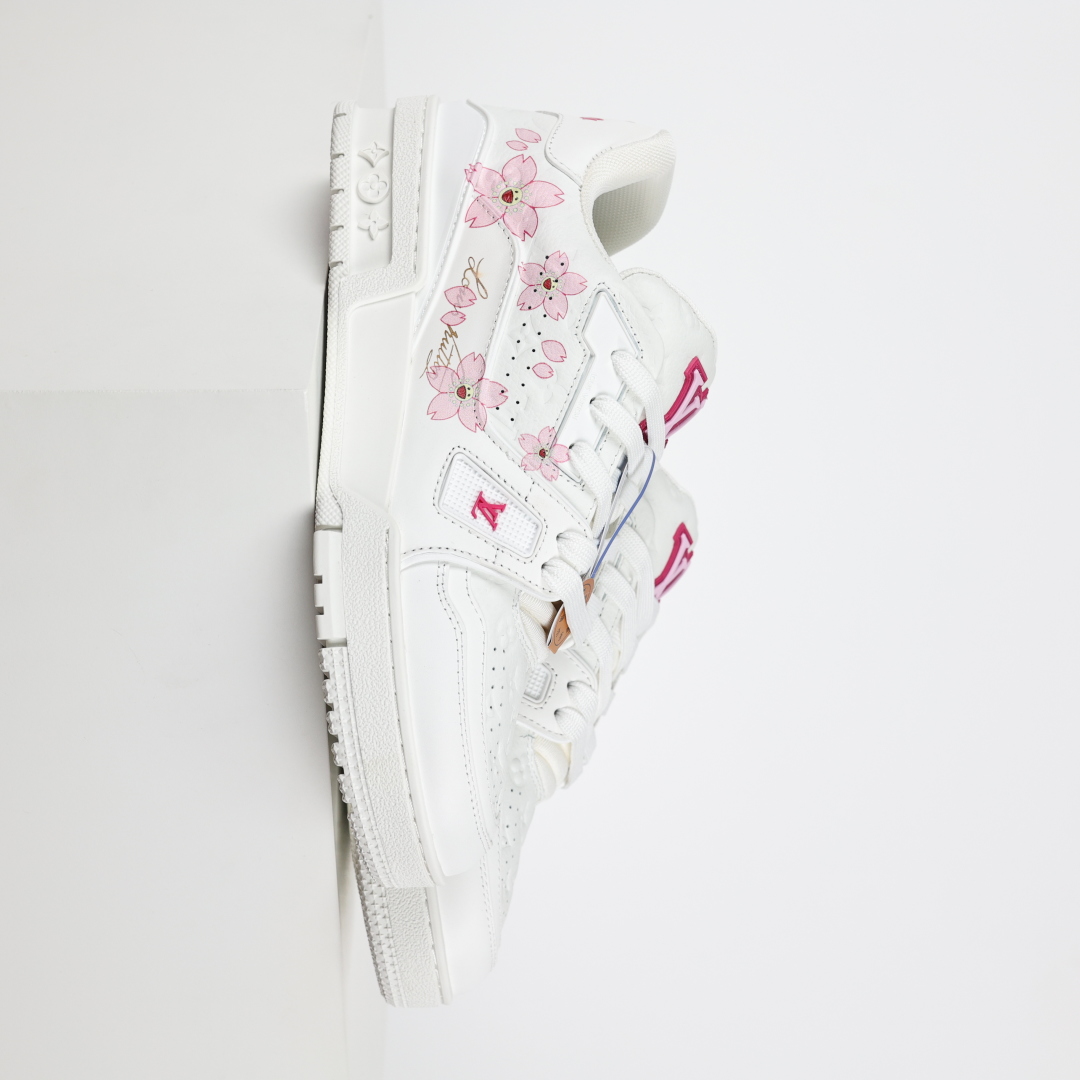 村上隆/Takashi Murakami x LOUIS VUITTON Trainer 樱花系列 牛皮革 圆头系带 低帮 板鞋 女款 白色