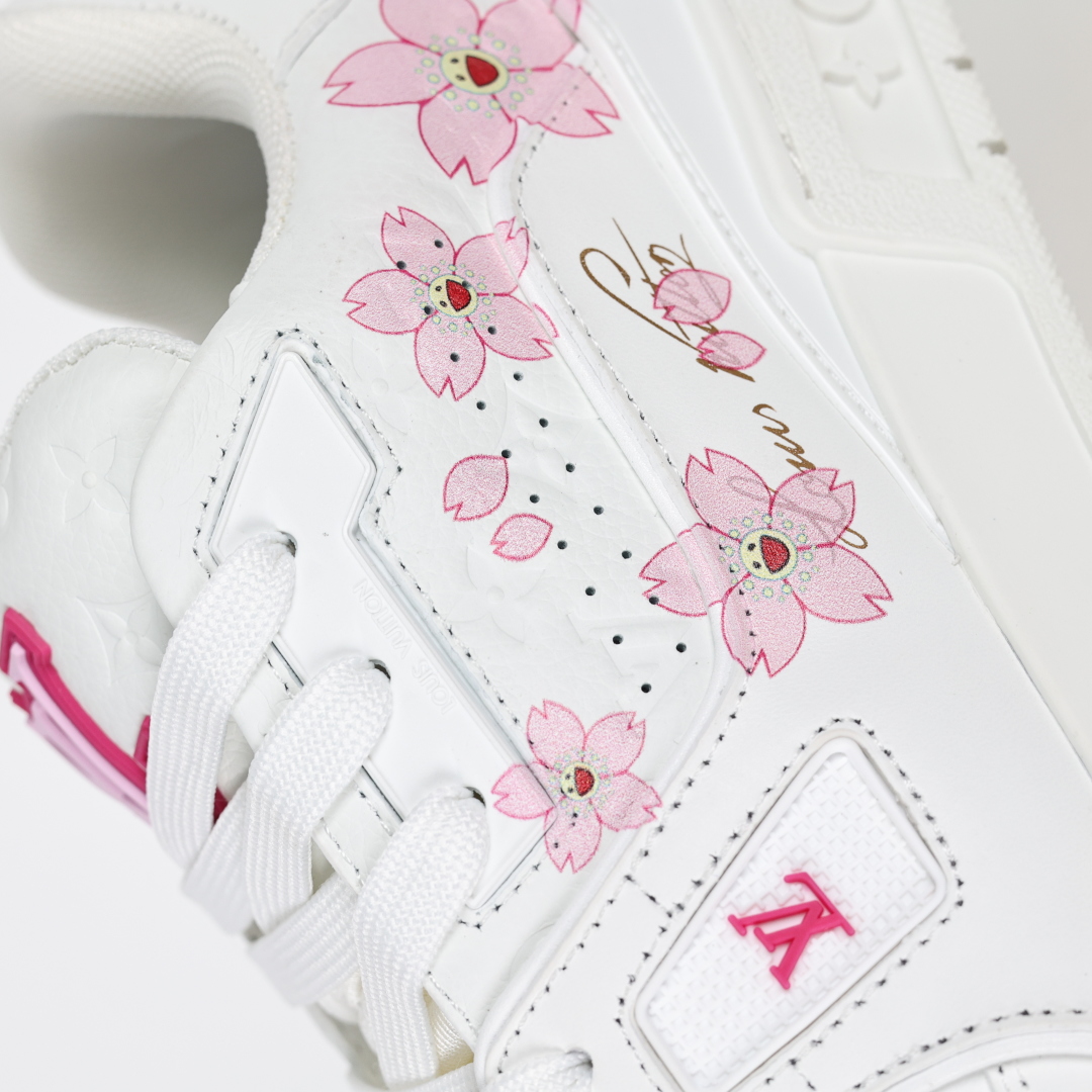 村上隆/Takashi Murakami x LOUIS VUITTON Trainer 樱花系列 牛皮革 圆头系带 低帮 板鞋 女款 白色