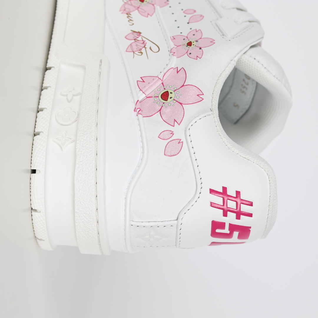 村上隆/Takashi Murakami x LOUIS VUITTON Trainer 樱花系列 牛皮革 圆头系带 低帮 板鞋 女款 白色