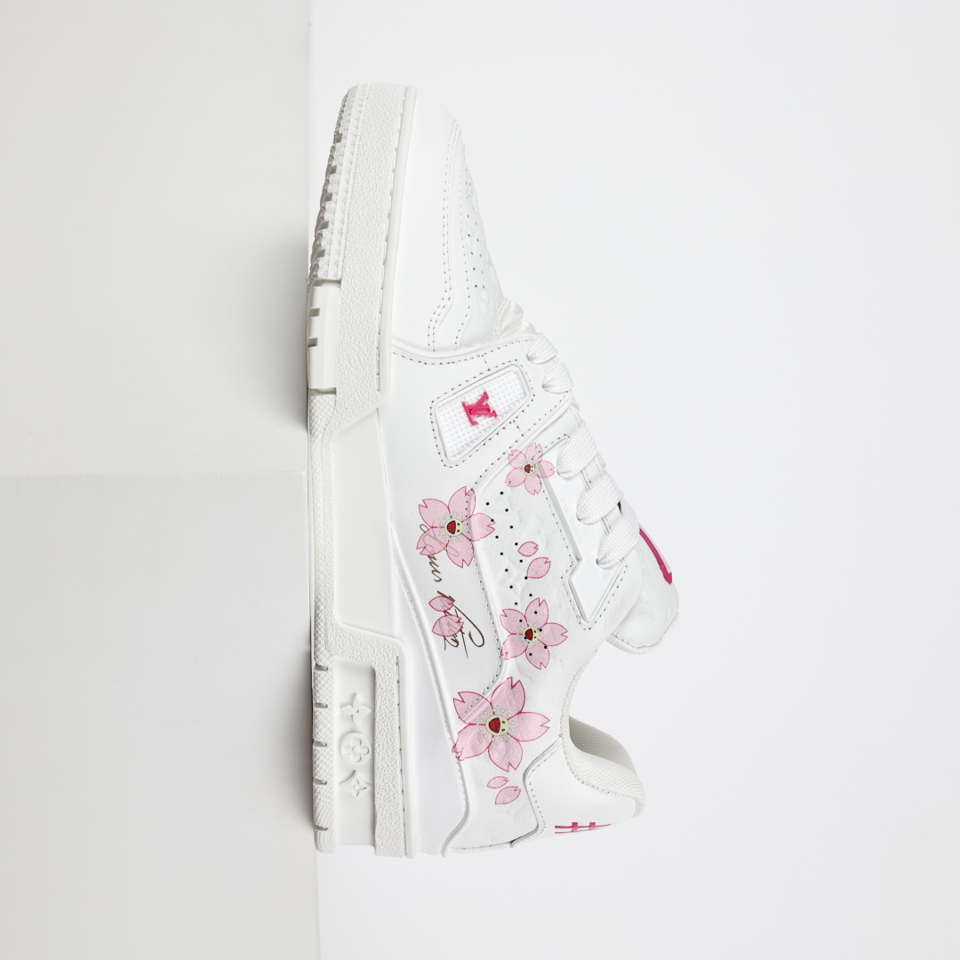 村上隆/Takashi Murakami x LOUIS VUITTON Trainer 樱花系列 牛皮革 圆头系带 低帮 板鞋 女款 白色