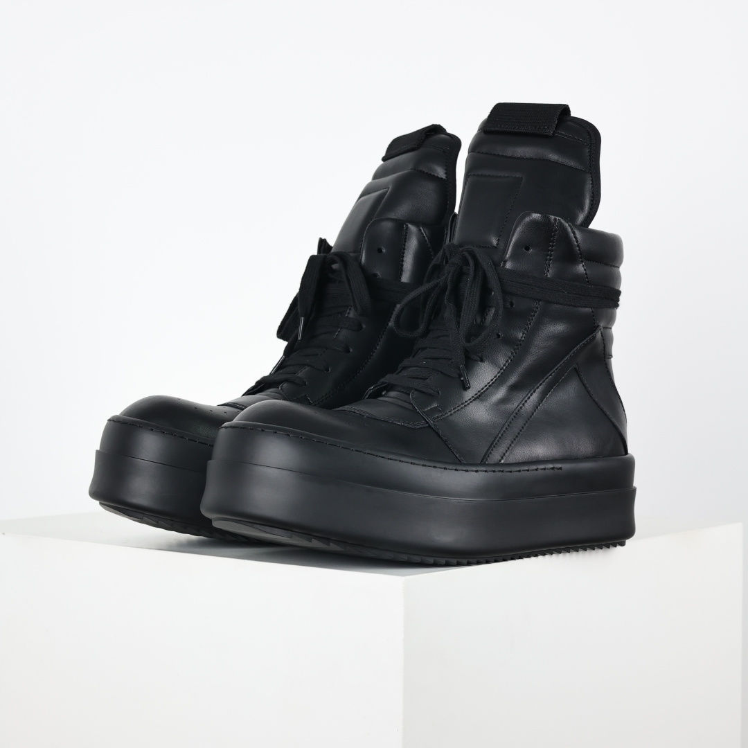 Rick Owens Drkshdw 瑞克·欧文斯皮面倒三角高帮时尚厚底运动板鞋 全黑 二级市场已经7