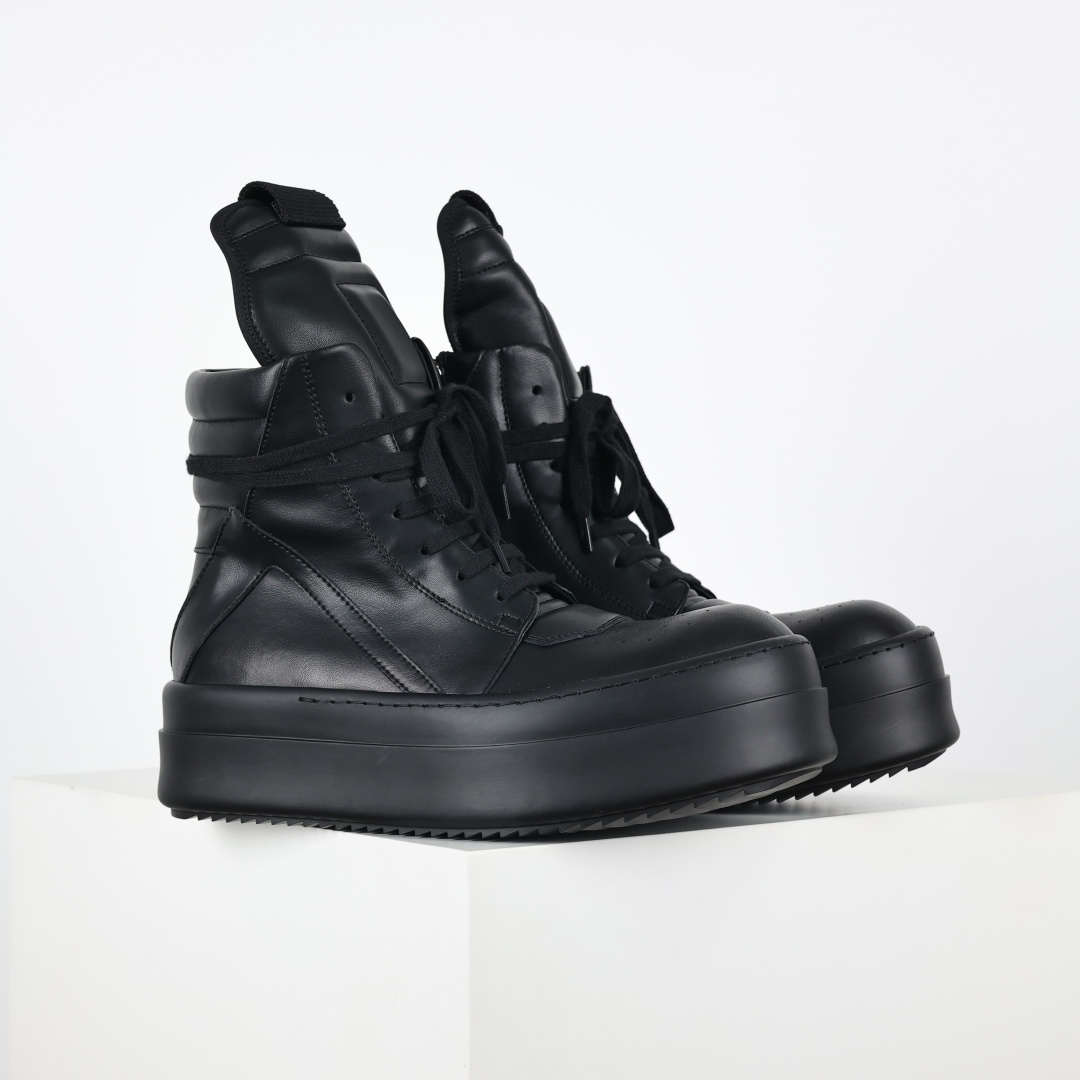 Rick Owens Drkshdw 瑞克·欧文斯皮面倒三角高帮时尚厚底运动板鞋 全黑 二级市场已经7