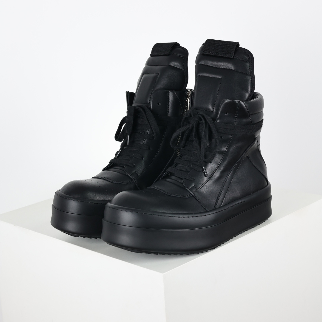 Rick Owens Drkshdw 瑞克·欧文斯皮面倒三角高帮时尚厚底运动板鞋 全黑 二级市场已经7