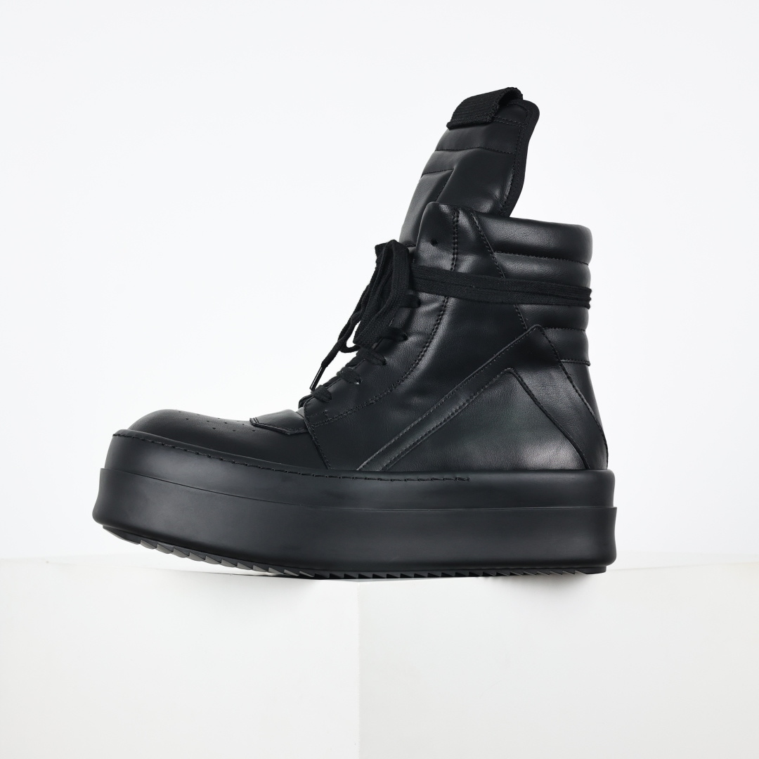 Rick Owens Drkshdw 瑞克·欧文斯皮面倒三角高帮时尚厚底运动板鞋 全黑 二级市场已经7