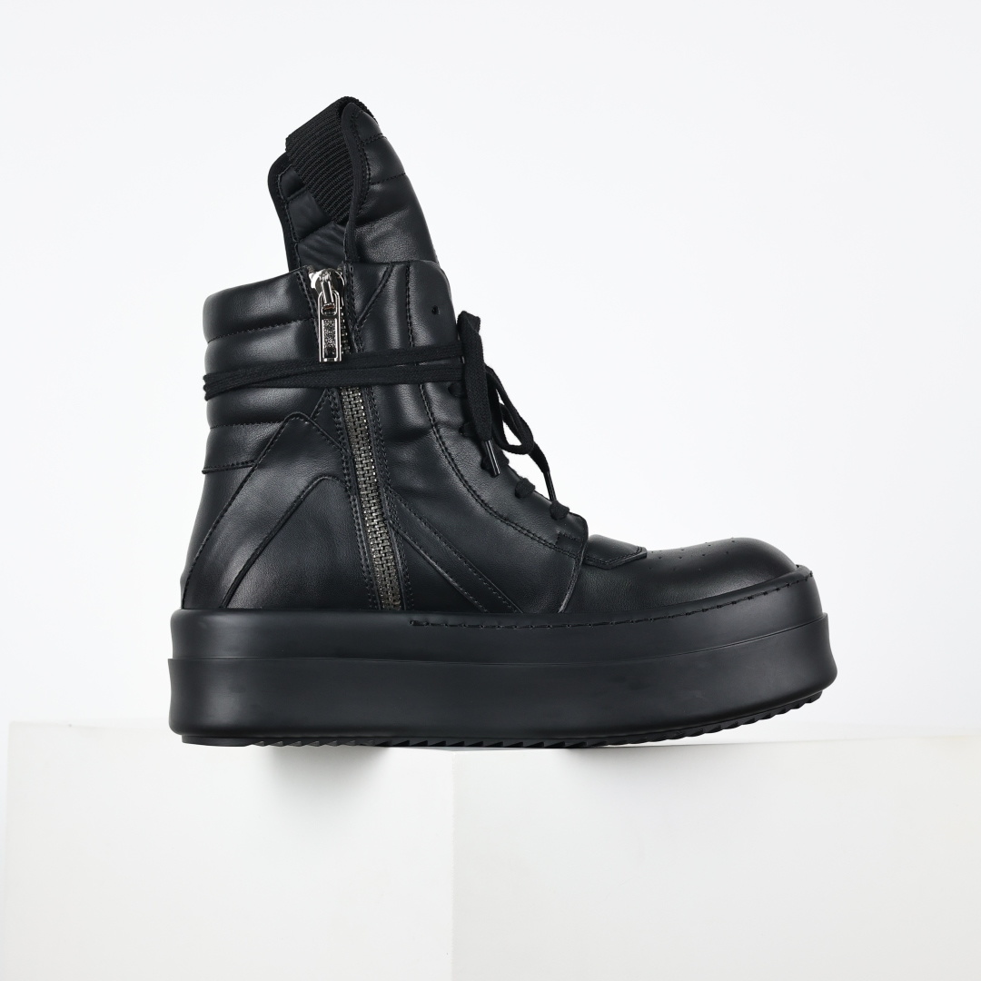 Rick Owens Drkshdw 瑞克·欧文斯皮面倒三角高帮时尚厚底运动板鞋 全黑 二级市场已经7