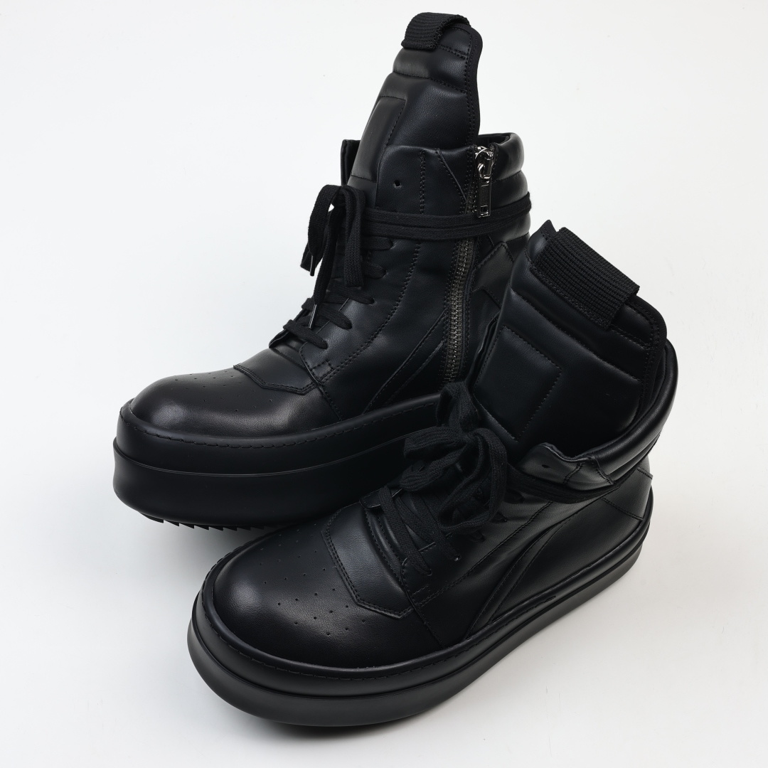 Rick Owens Drkshdw 瑞克·欧文斯皮面倒三角高帮时尚厚底运动板鞋 全黑 二级市场已经7