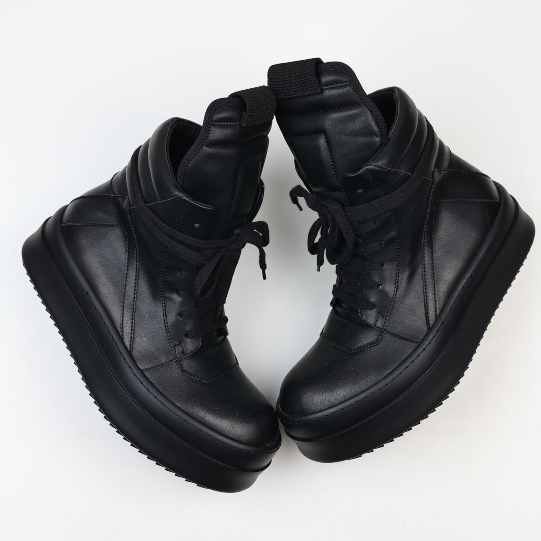 Rick Owens Drkshdw 瑞克·欧文斯皮面倒三角高帮时尚厚底运动板鞋 全黑 二级市场已经7