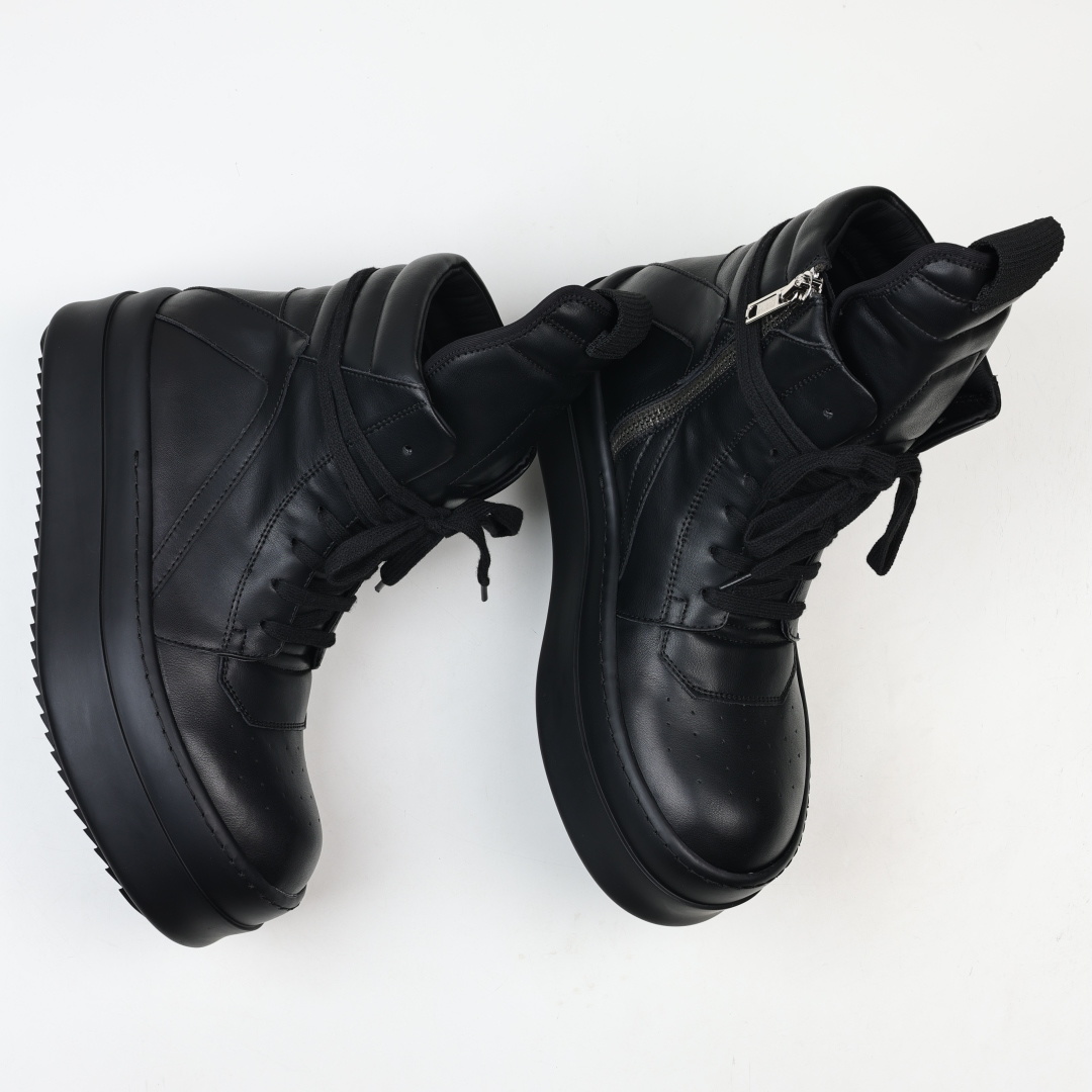 Rick Owens Drkshdw 瑞克·欧文斯皮面倒三角高帮时尚厚底运动板鞋 全黑 二级市场已经7