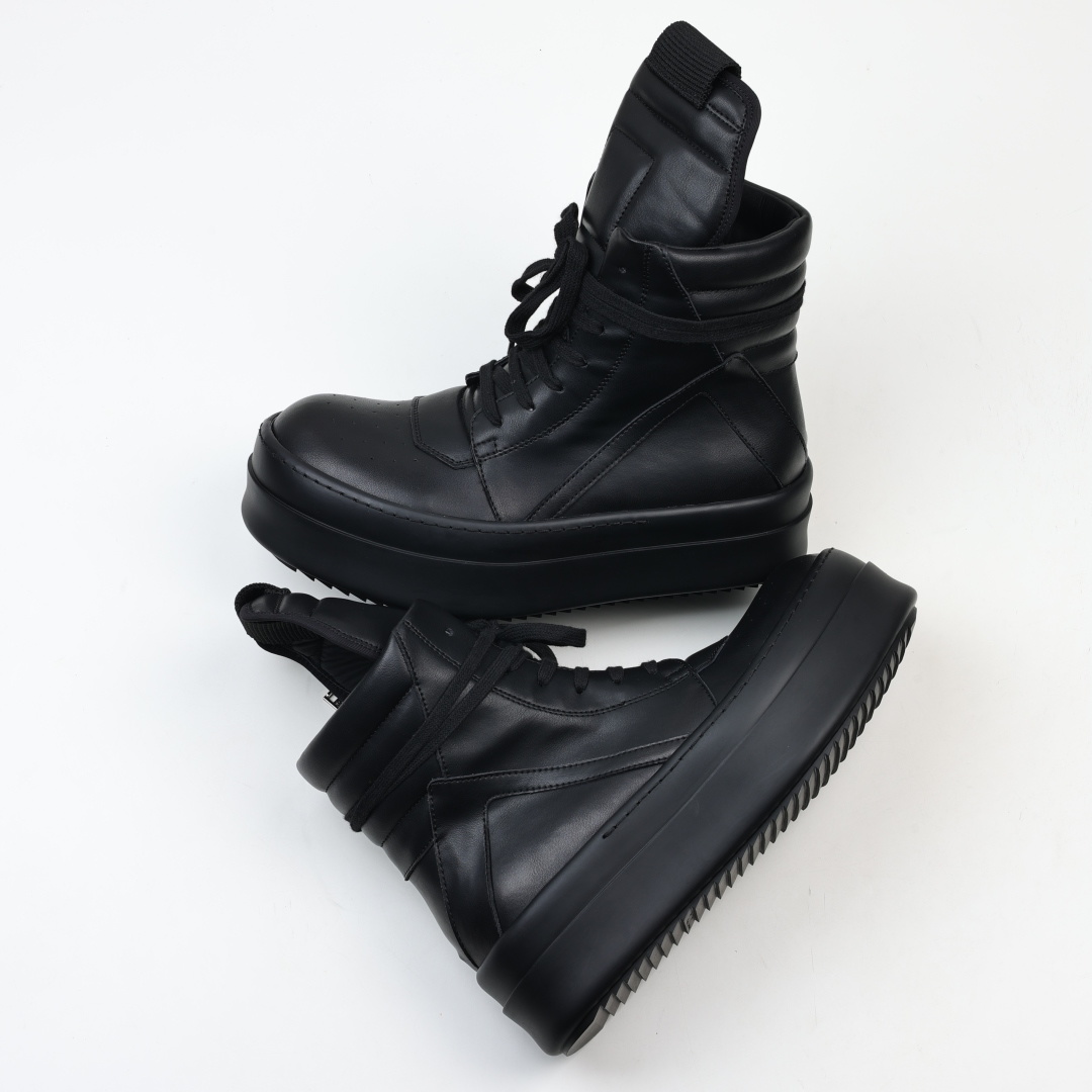 Rick Owens Drkshdw 瑞克·欧文斯皮面倒三角高帮时尚厚底运动板鞋 全黑 二级市场已经7